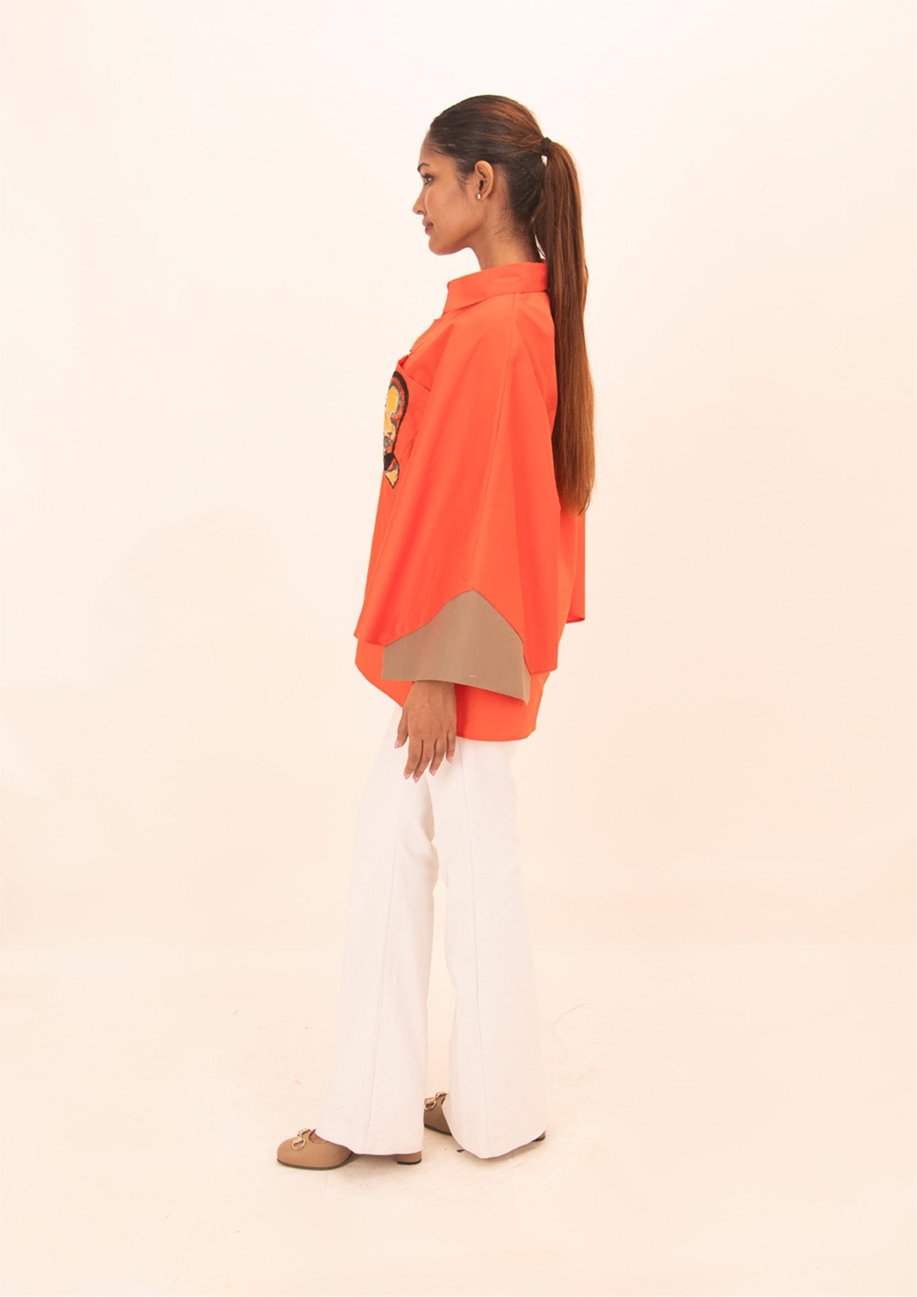 Orange Cotton Poncho Shirt with Embroidery