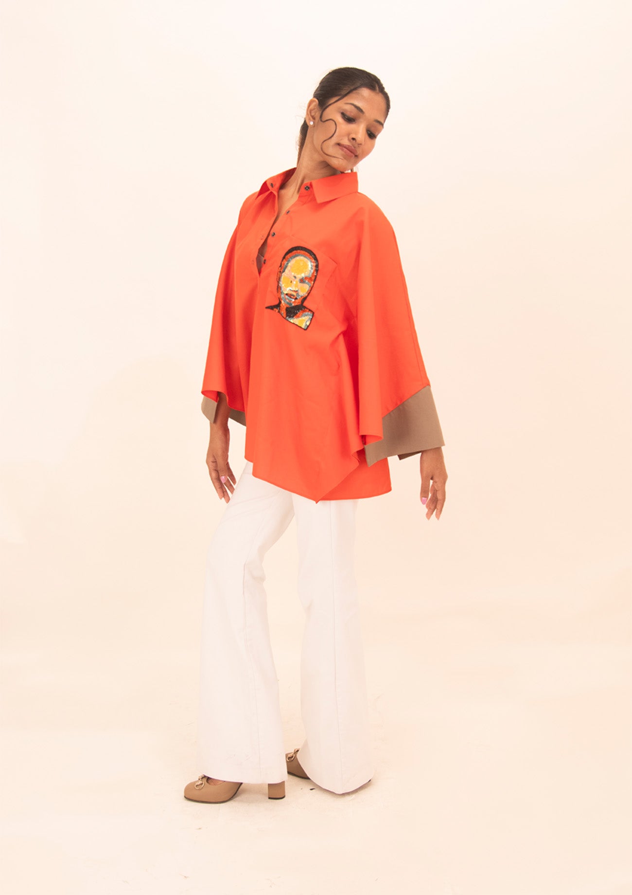 Orange Cotton Poncho Shirt with Embroidery