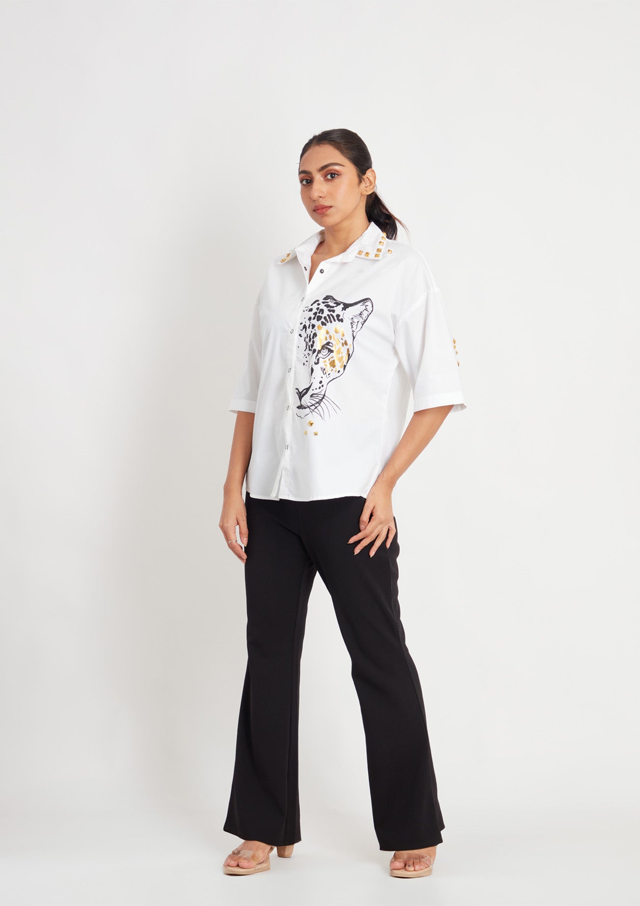White Comfort Fit Cotton Shirt with Foil Print and Studs