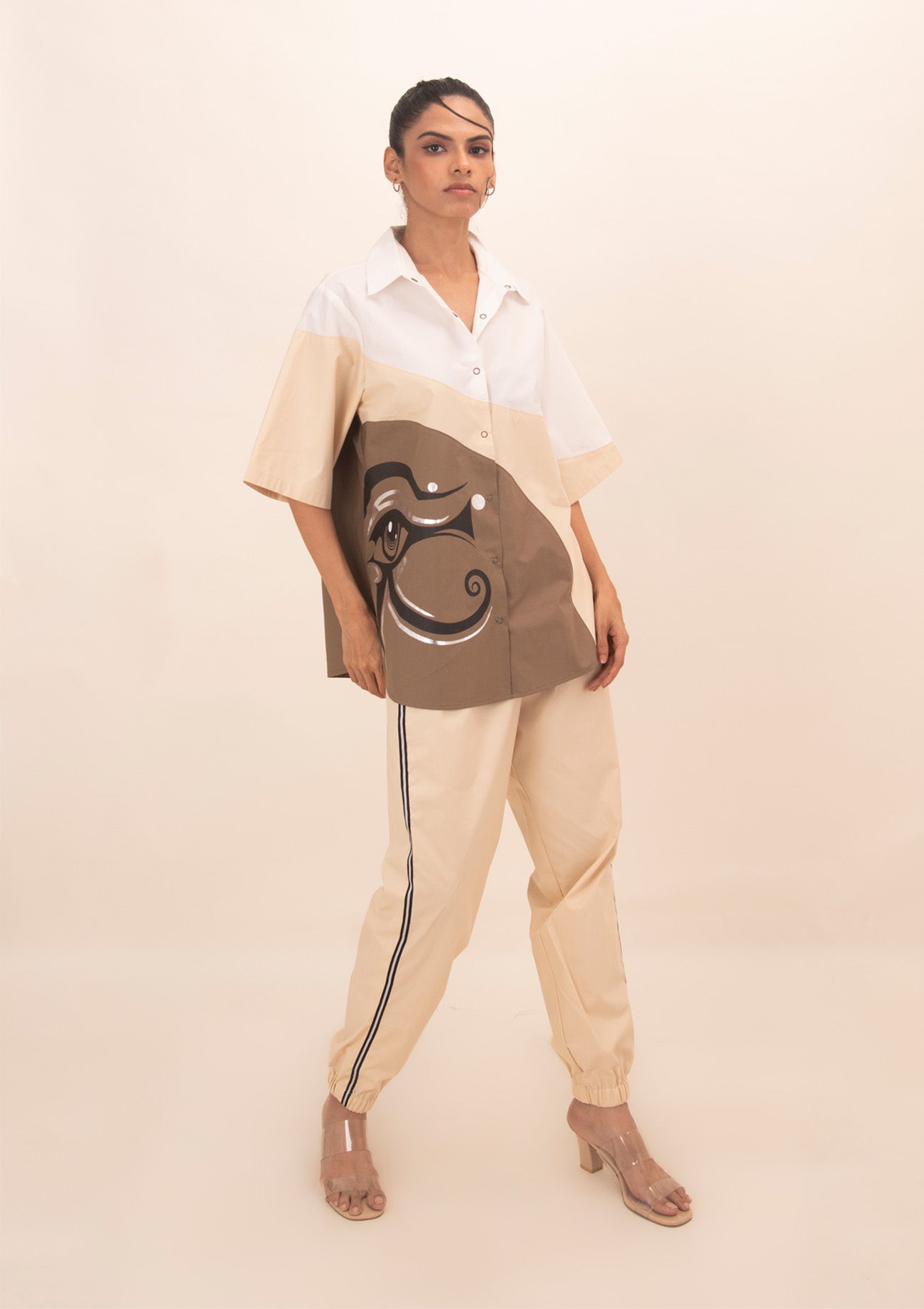 Brown, Cream, White Combo Cotton Co-ord Set with Print