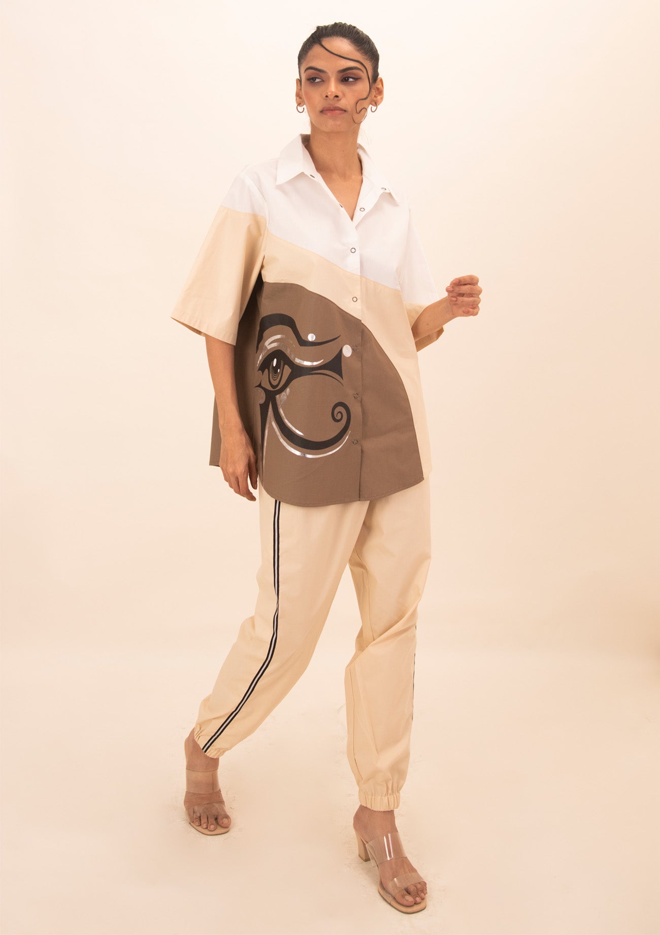 Brown, Cream, White Combo Cotton Co-ord Set with Print