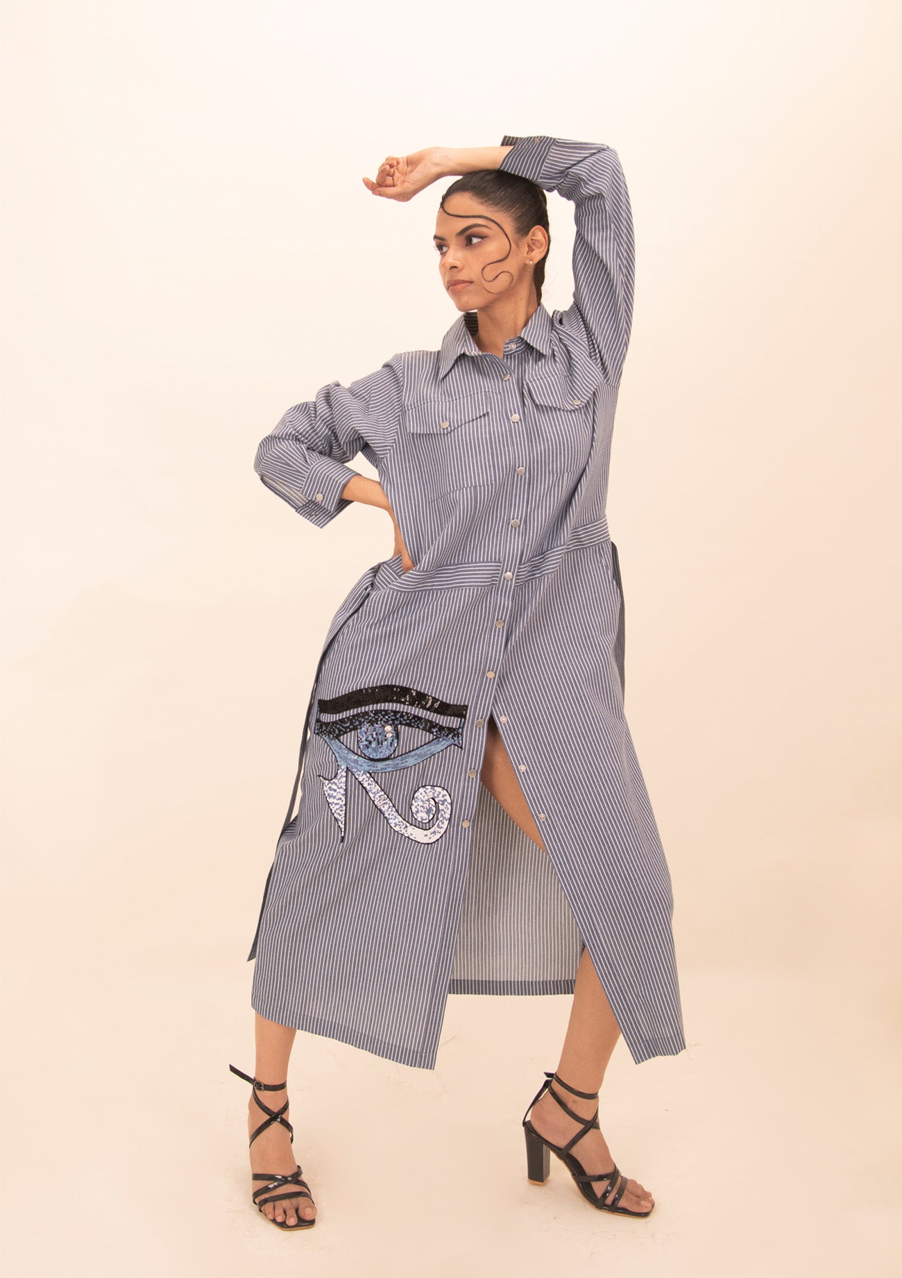 Blue and White Stripe Cotton Long Dress with Embroidery