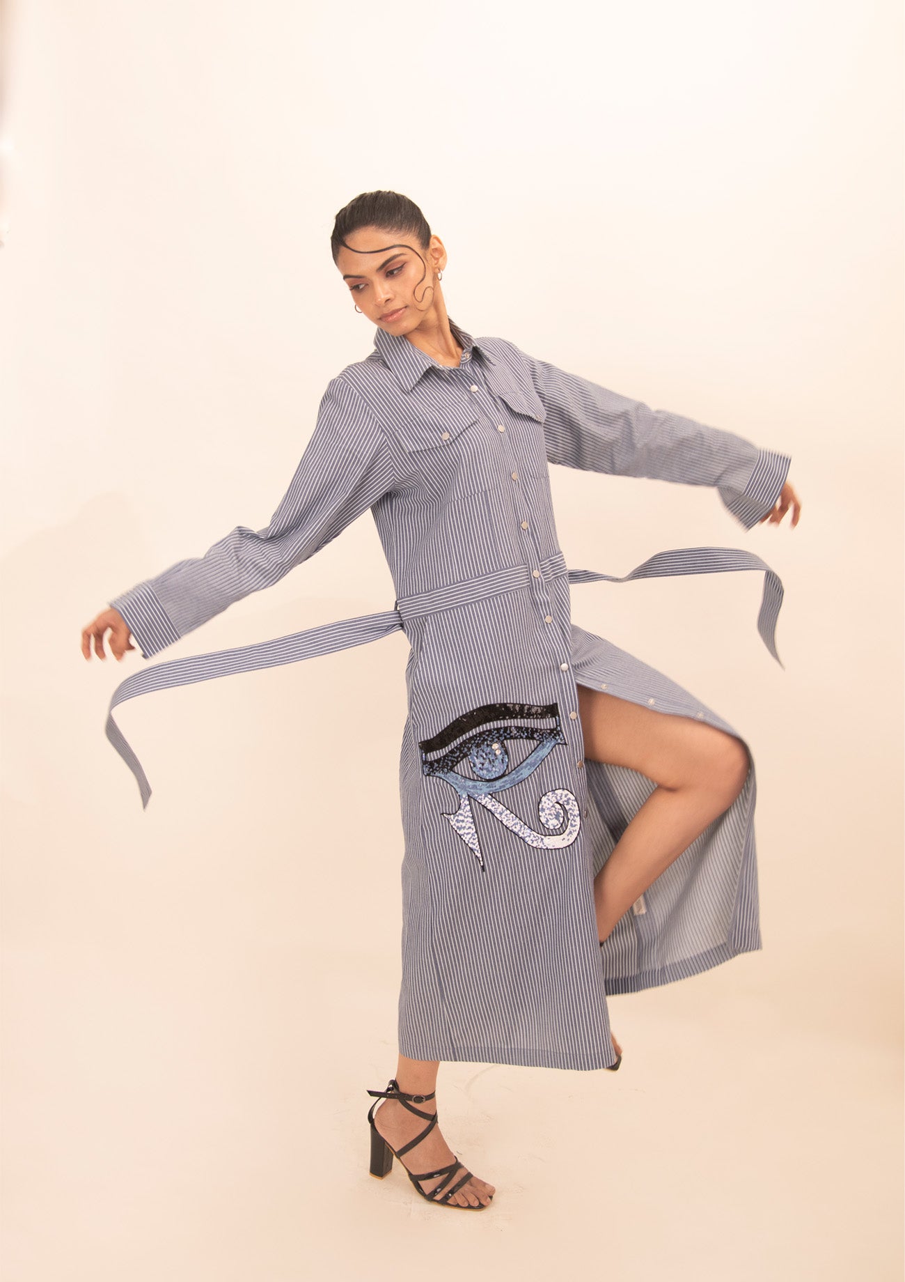 Blue and White Stripe Cotton Long Dress with Embroidery