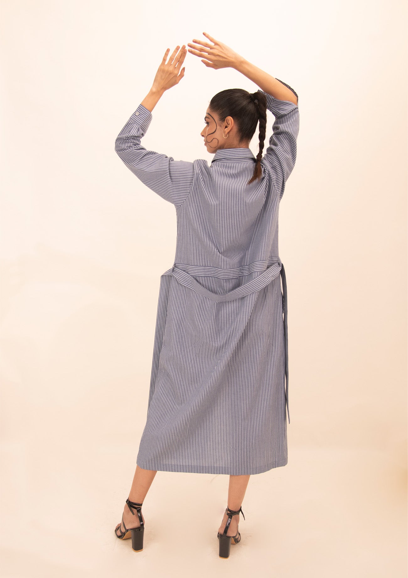 Blue and White Stripe Cotton Long Dress with Embroidery