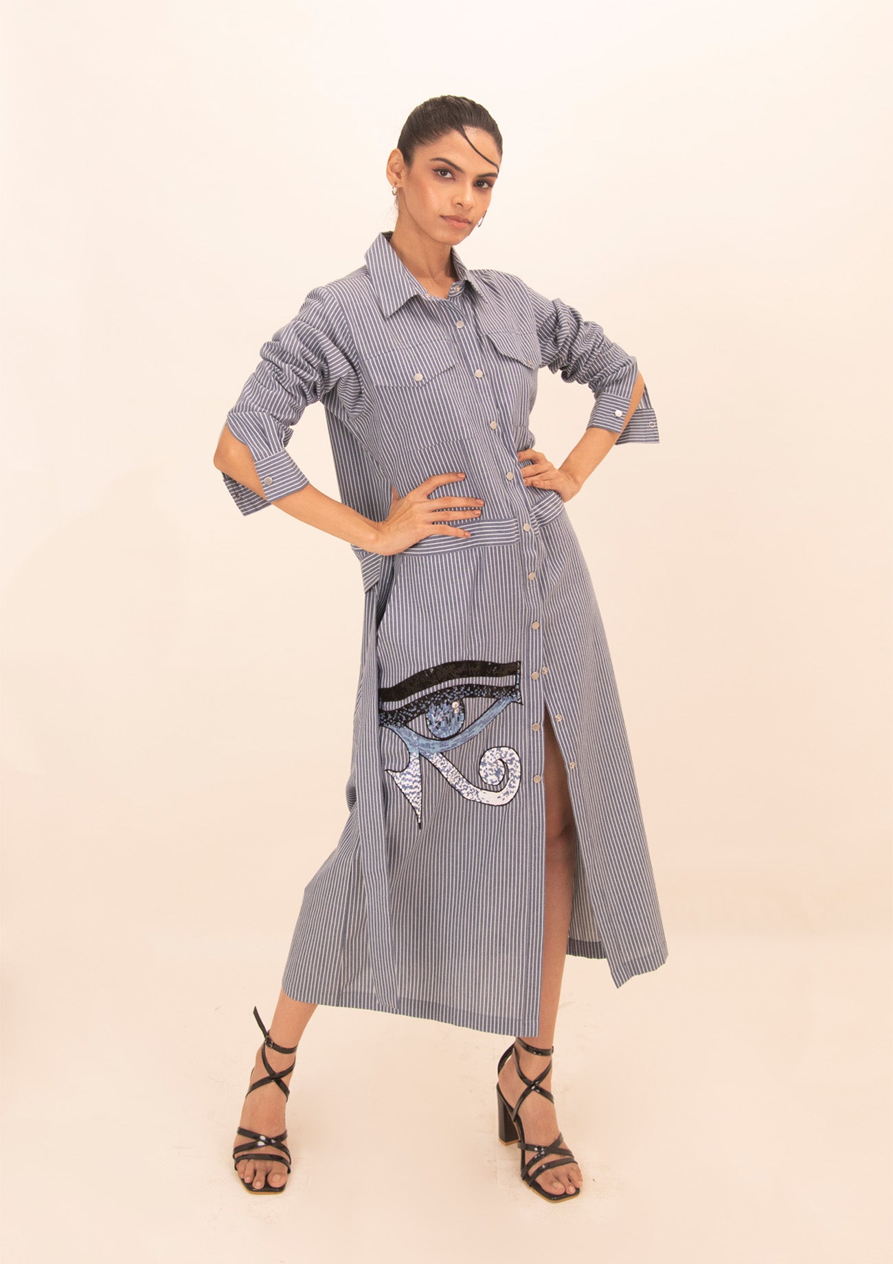 Blue and White Stripe Cotton Long Dress with Embroidery