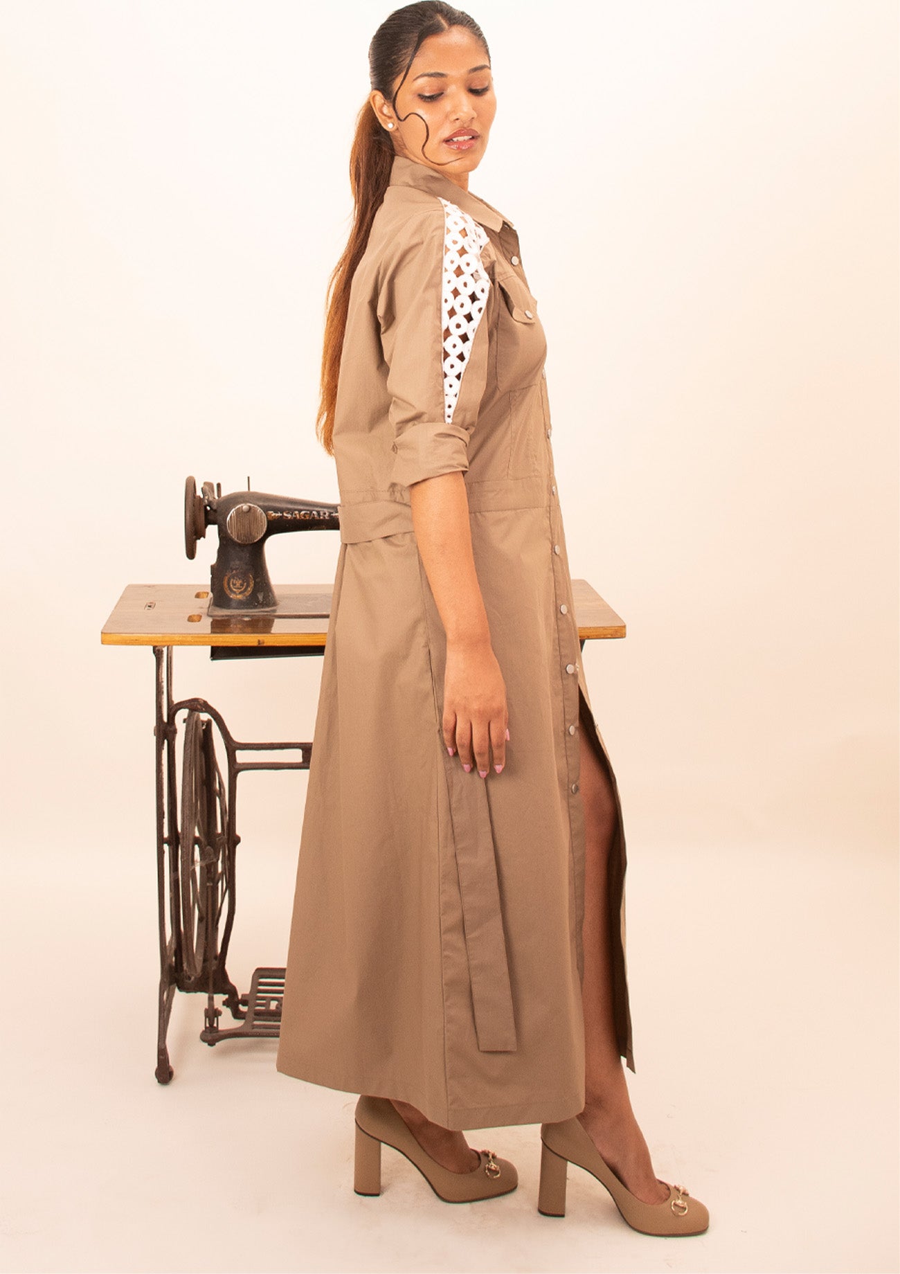 Brown Cotton Long Dress with Embroidery And Belt