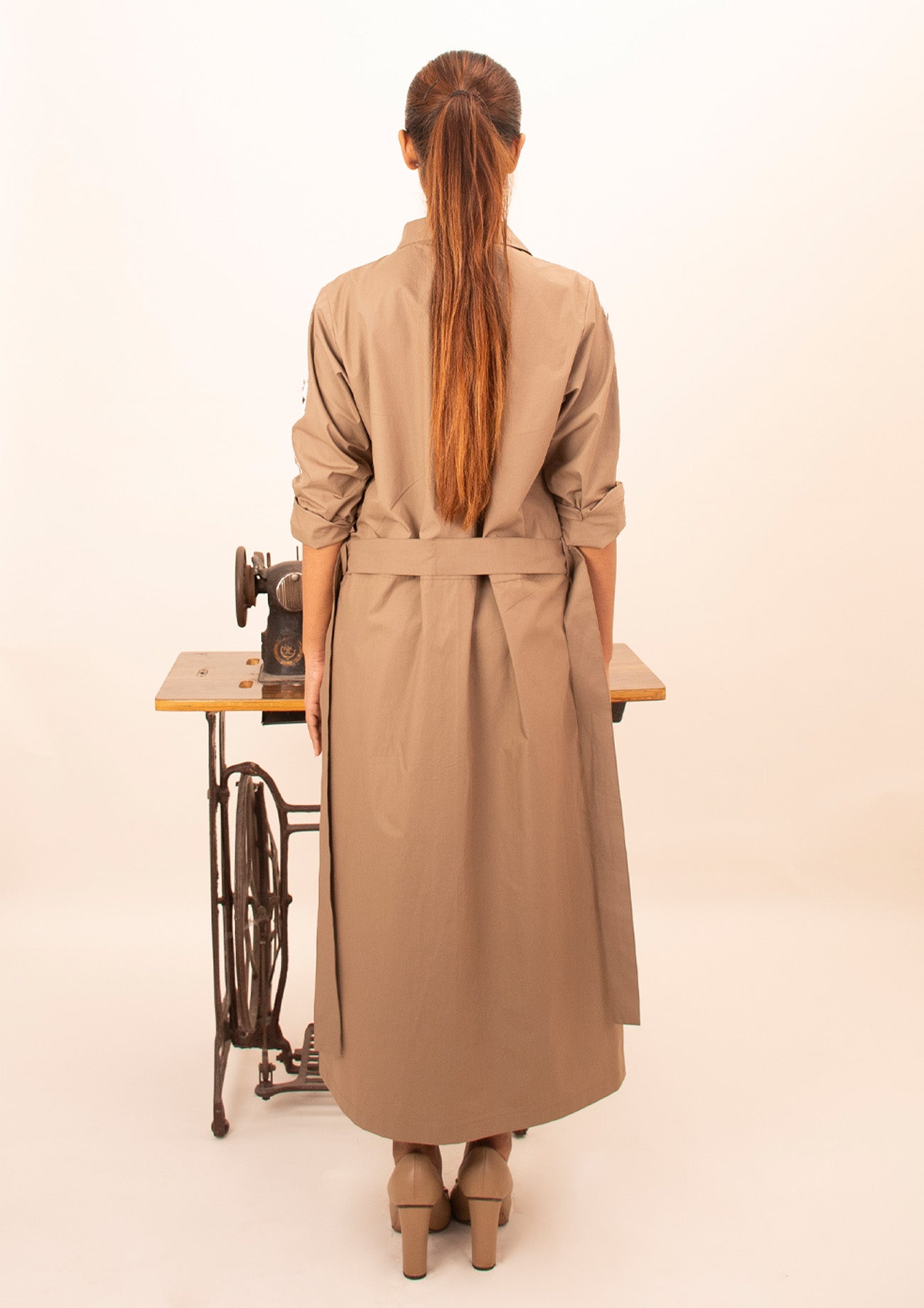 Brown Cotton Long Dress with Embroidery And Belt