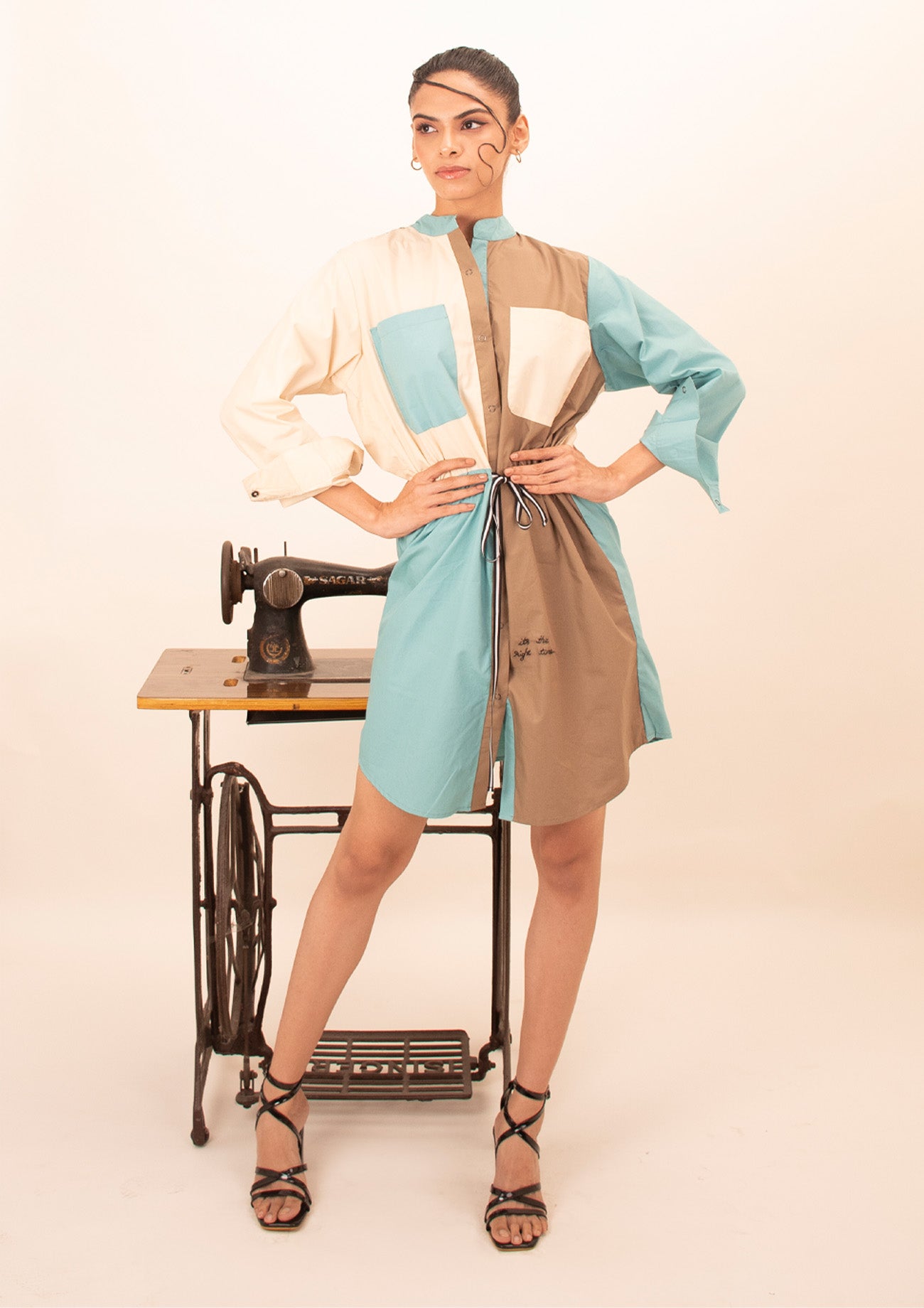 Blue, Brown and Cream Combo Dress with Embroidery