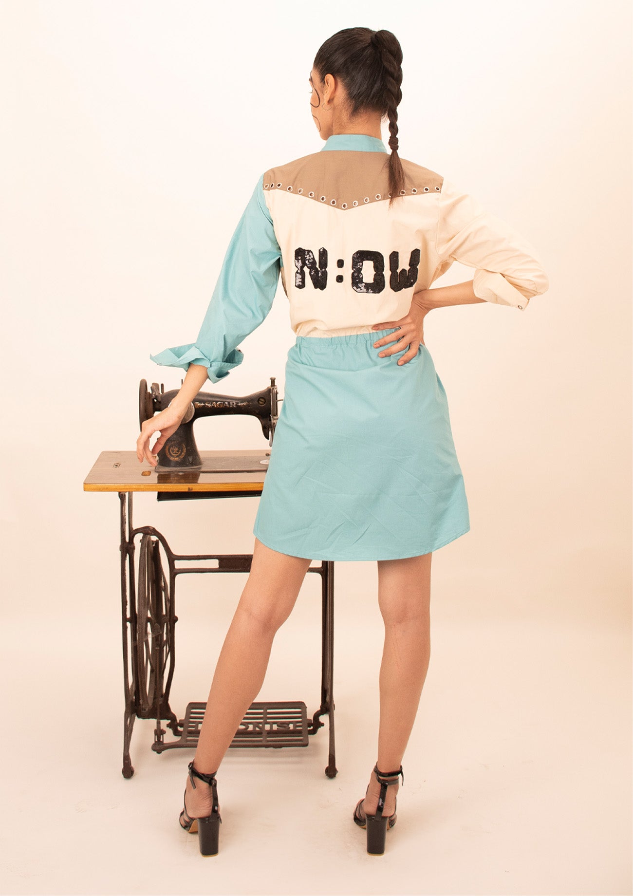 Blue, Brown and Cream Combo Dress with Embroidery