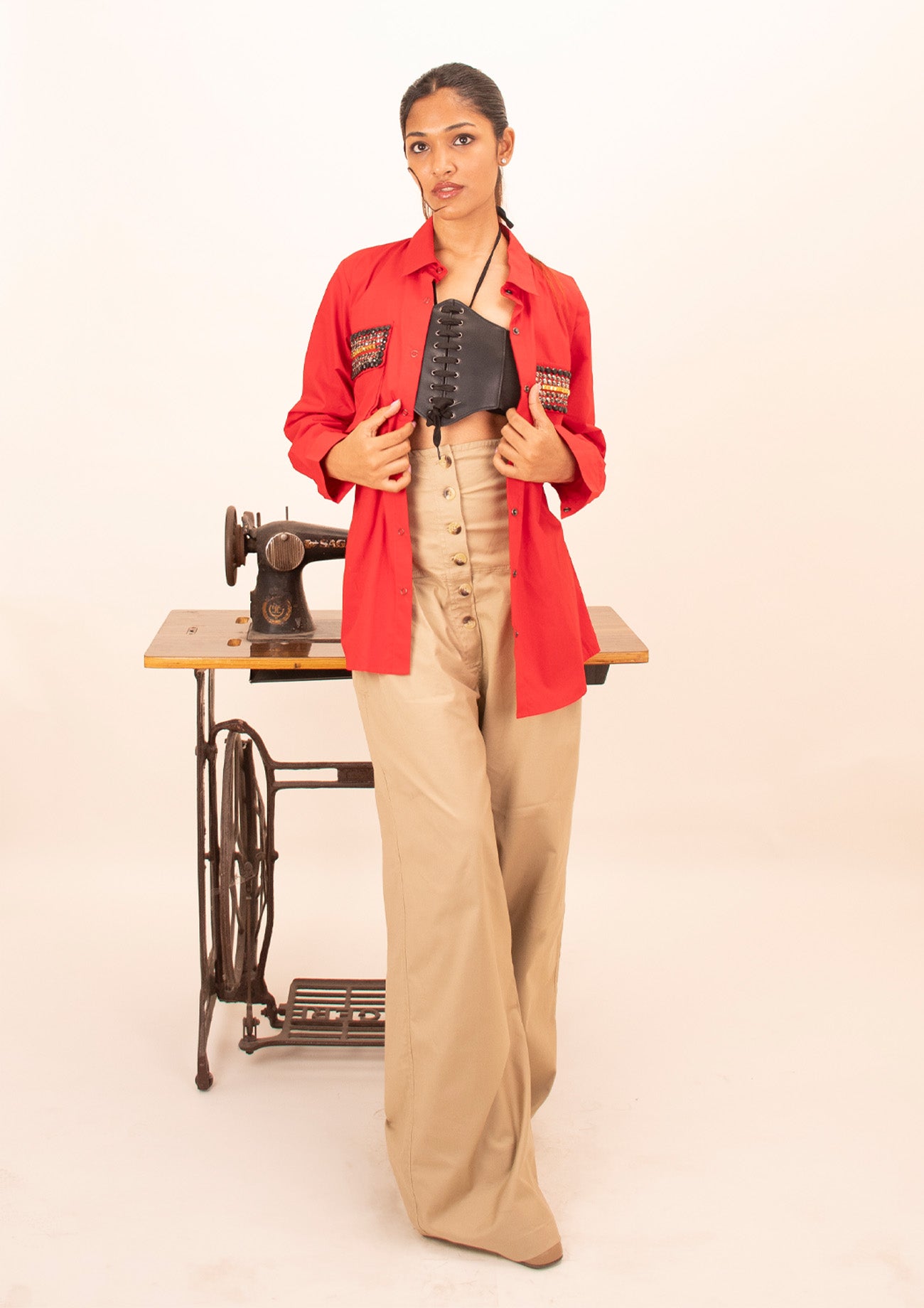 Red Cotton Shirt with Embroidery on Pockets