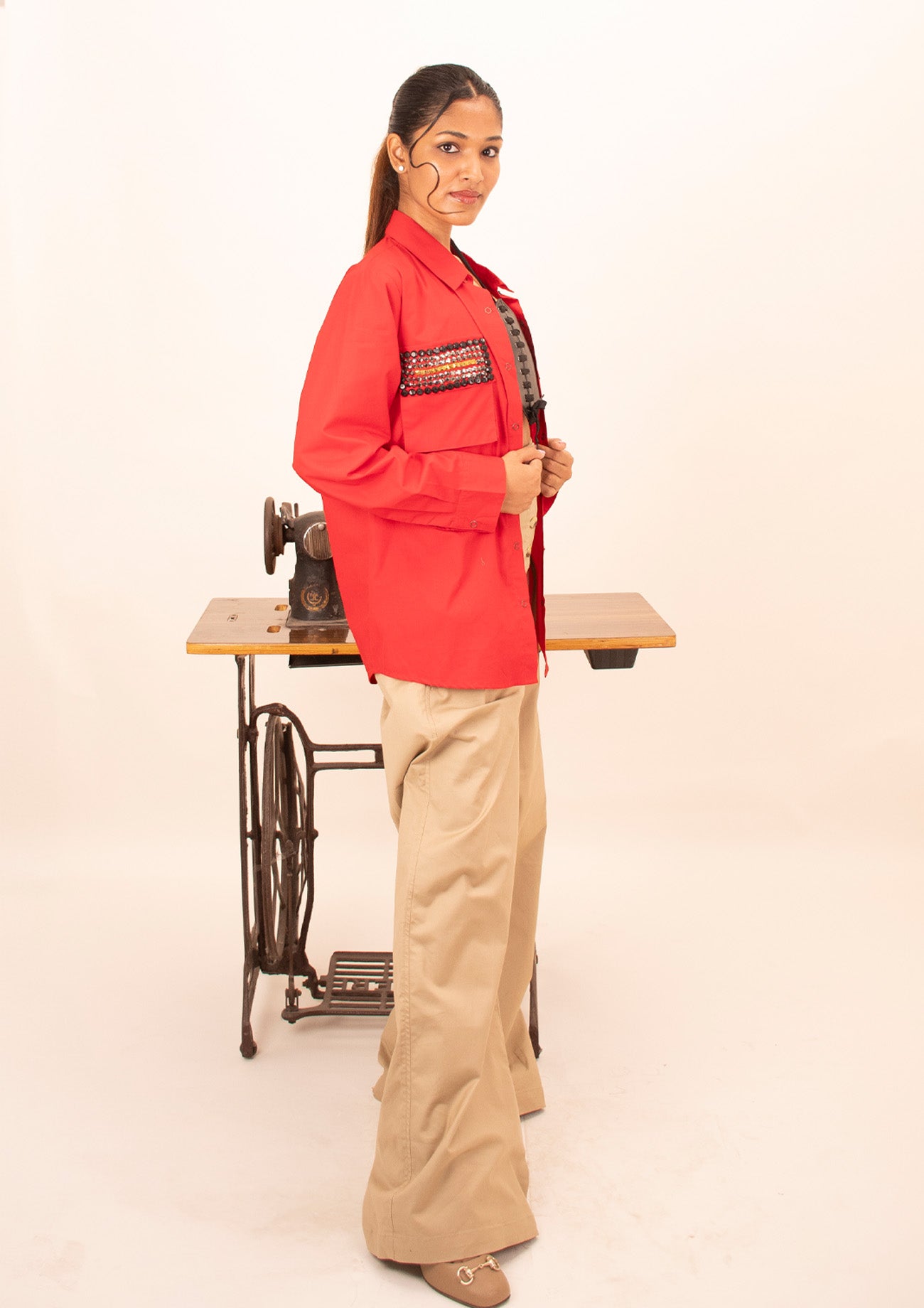 Red Cotton Shirt with Embroidery on Pockets