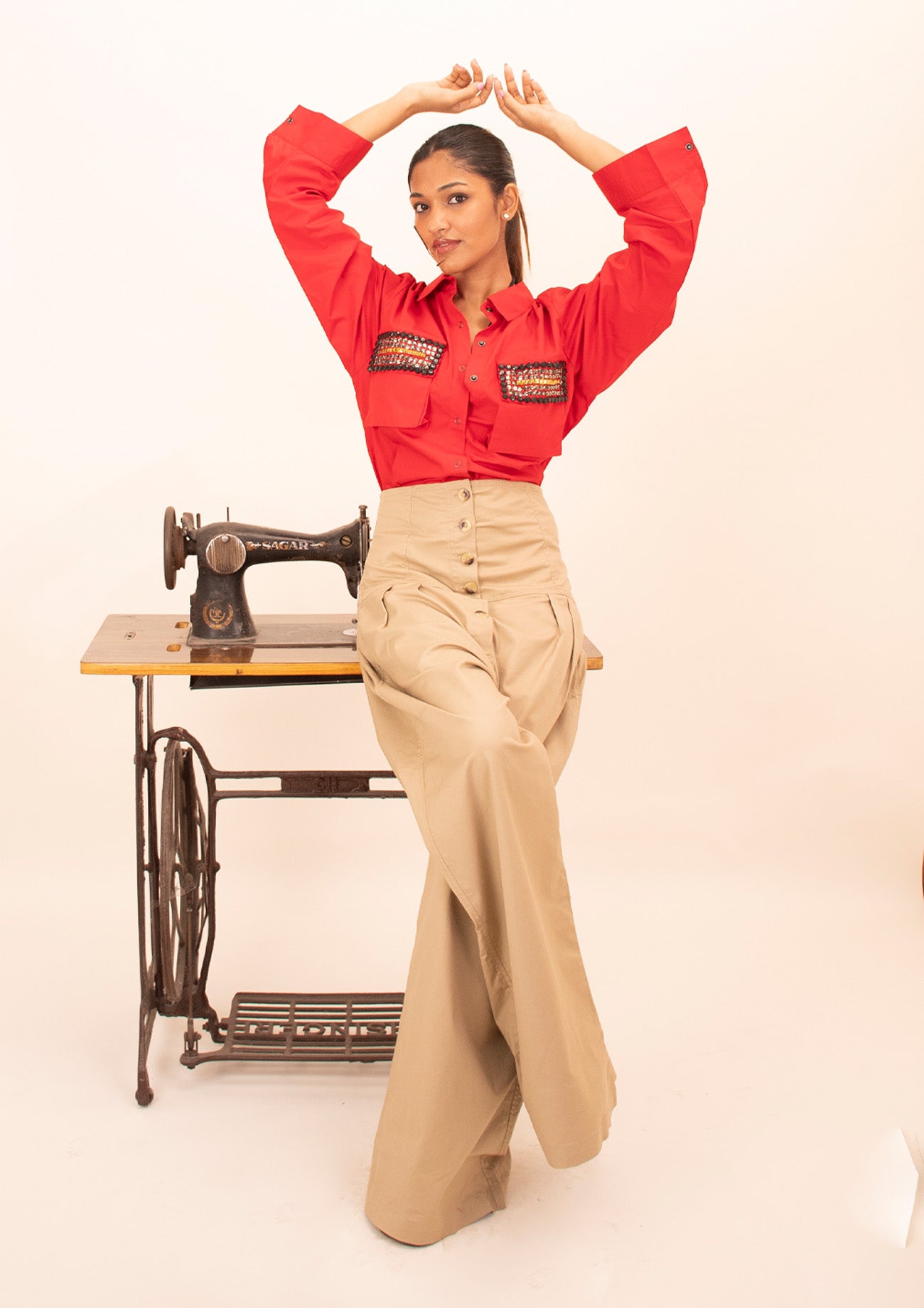 Red Cotton Shirt with Embroidery on Pockets