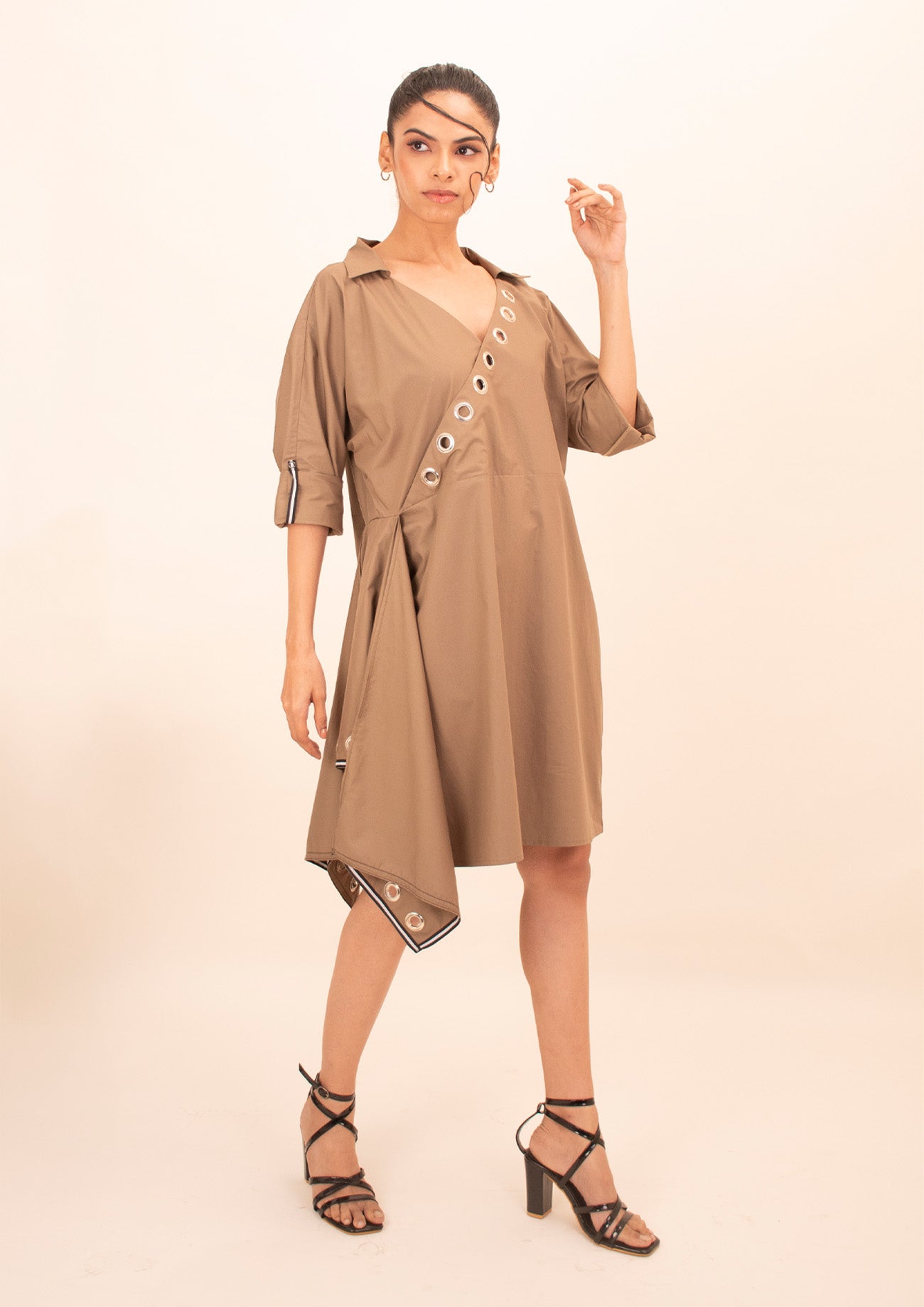 Brown One Piece Cotton Dress with Embroidery and Eyelets