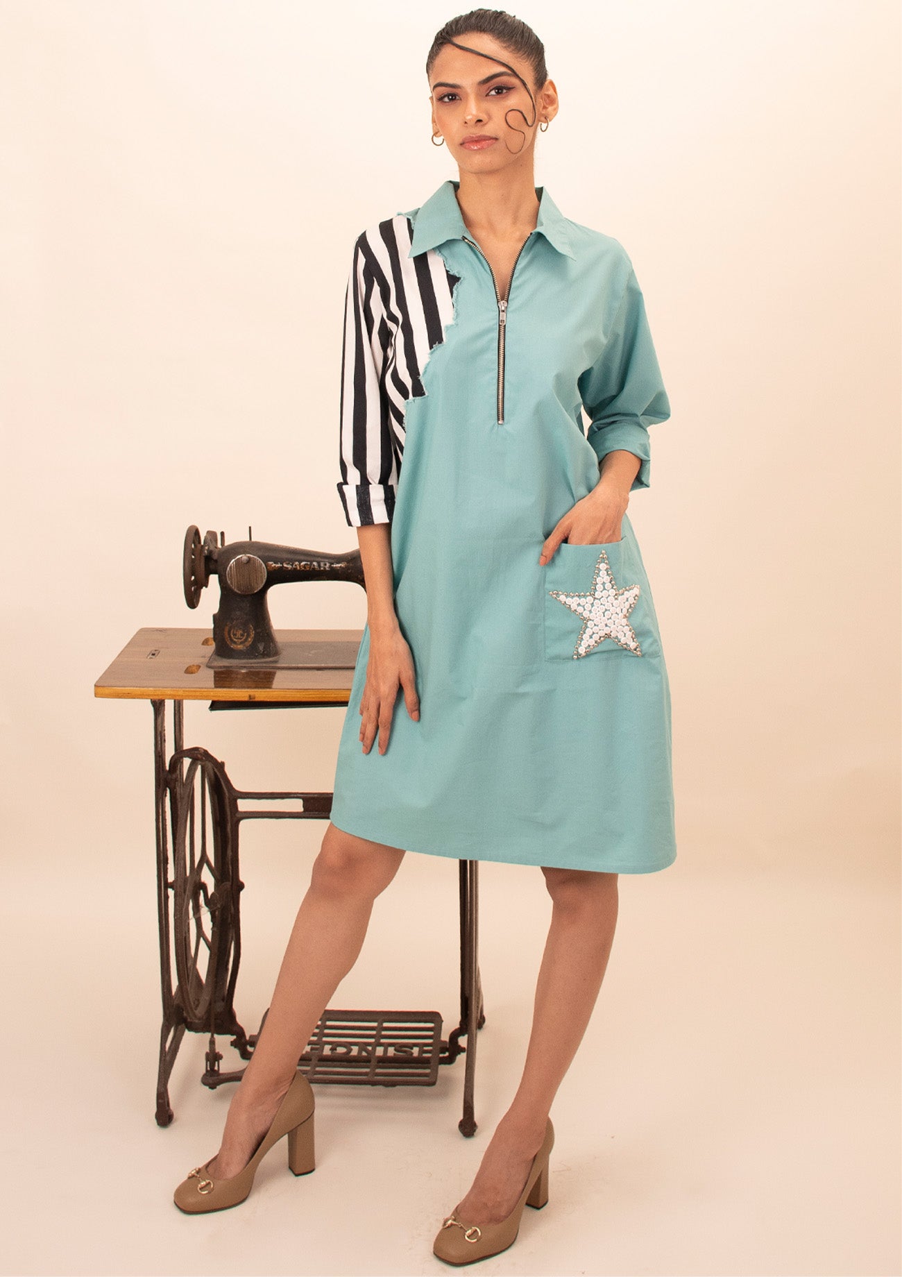 Blue Dress With Black and White Stripes and Embroidery