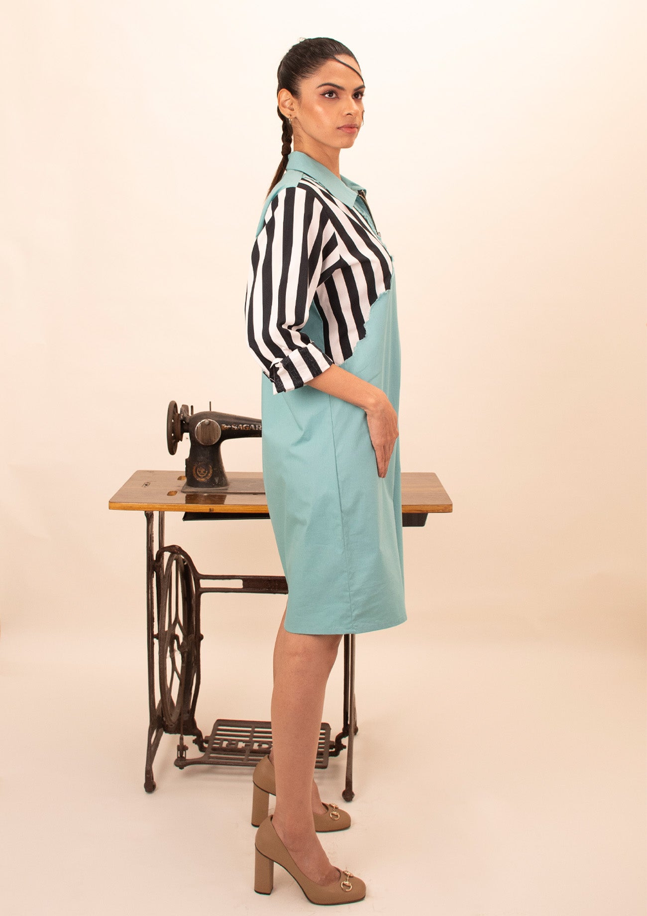 Blue Dress With Black and White Stripes and Embroidery