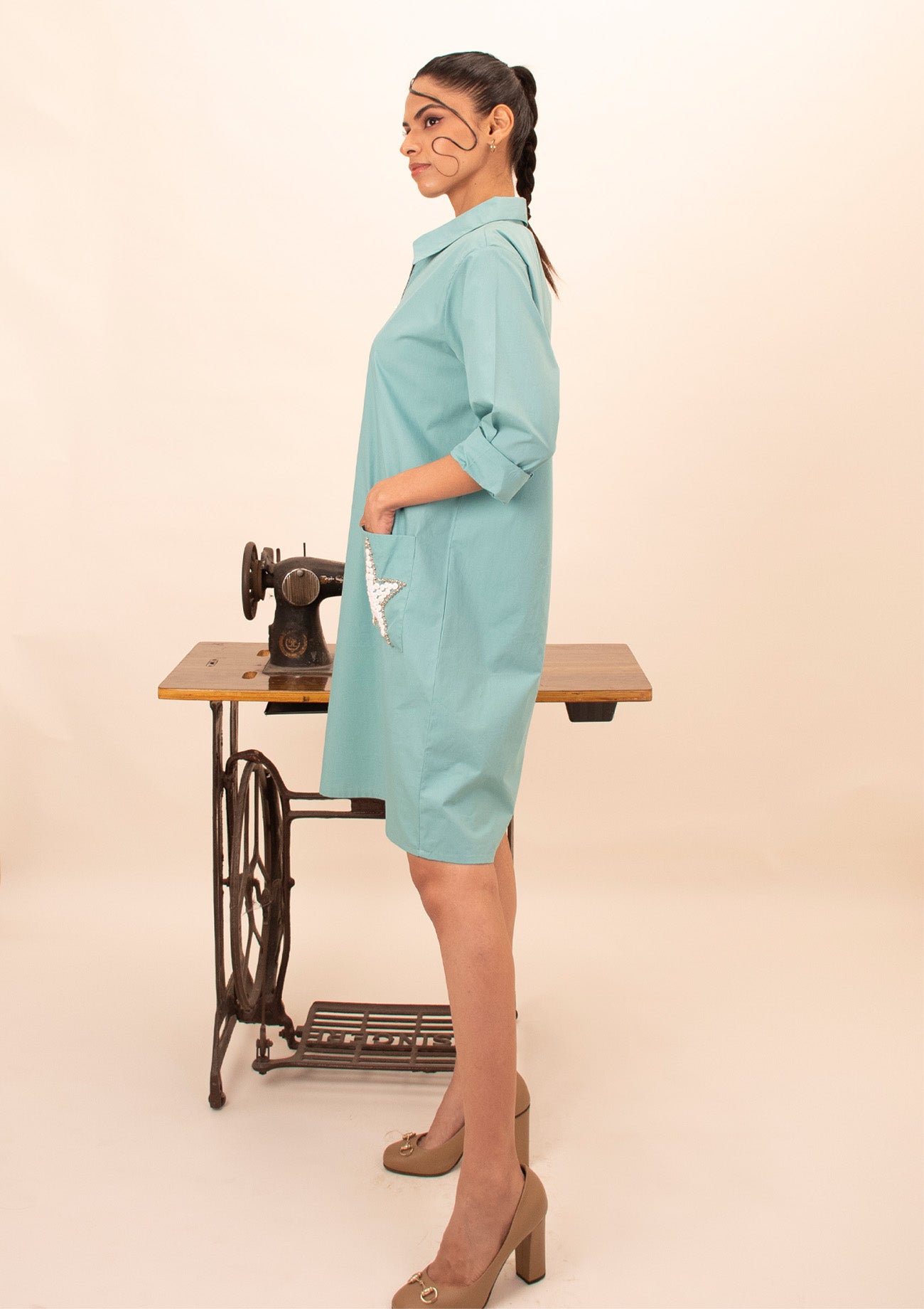 Blue Dress With Black and White Stripes and Embroidery