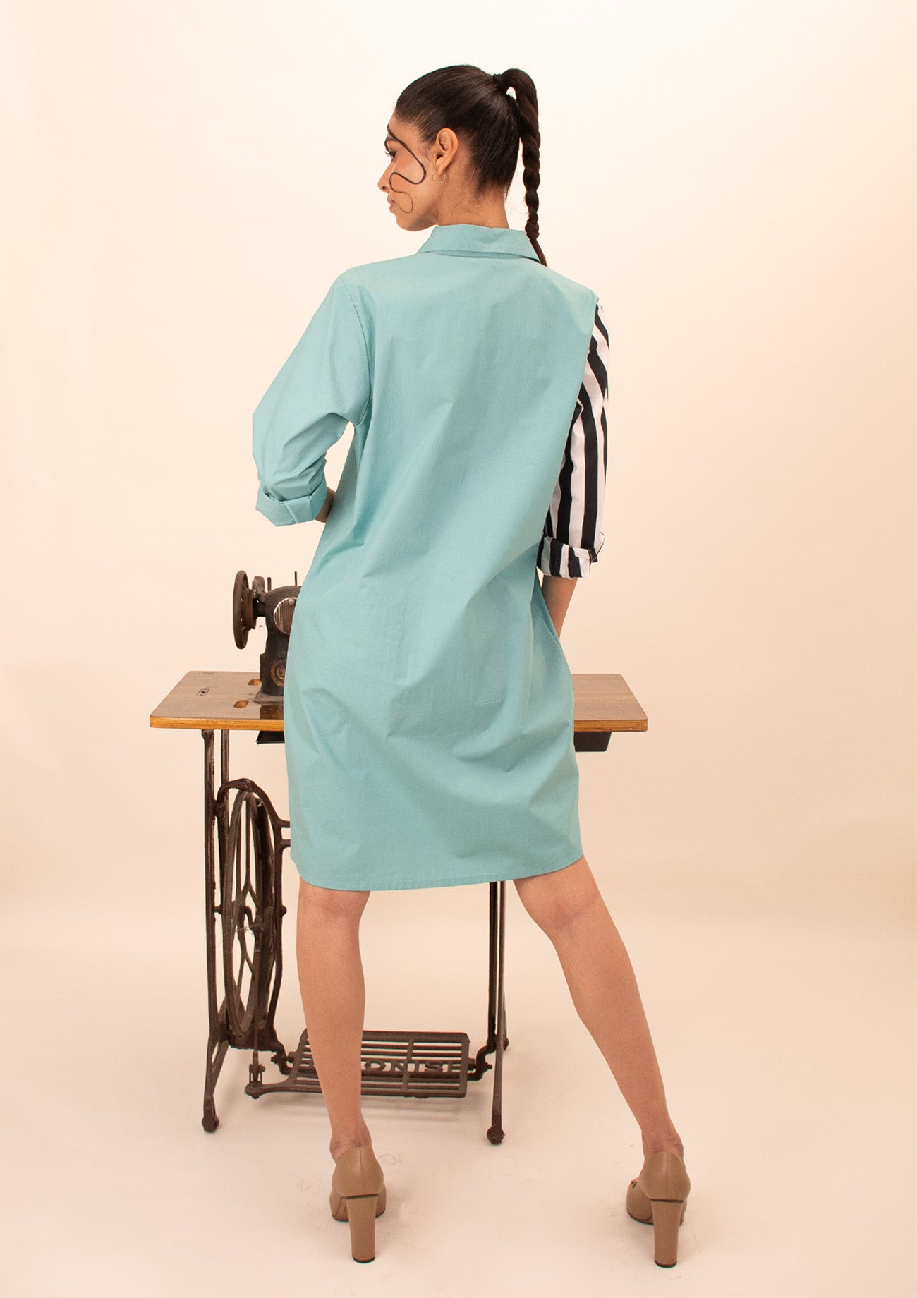 Blue Dress With Black and White Stripes and Embroidery