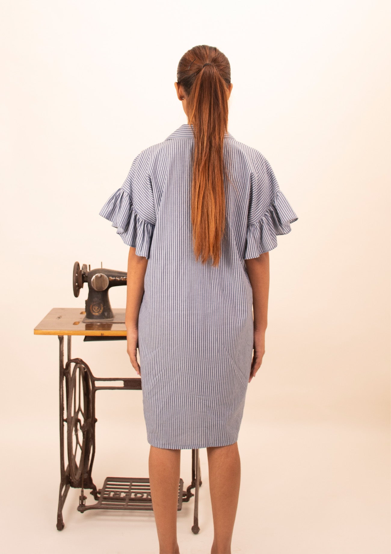 Blue And White Stripe Dress With Embroidery