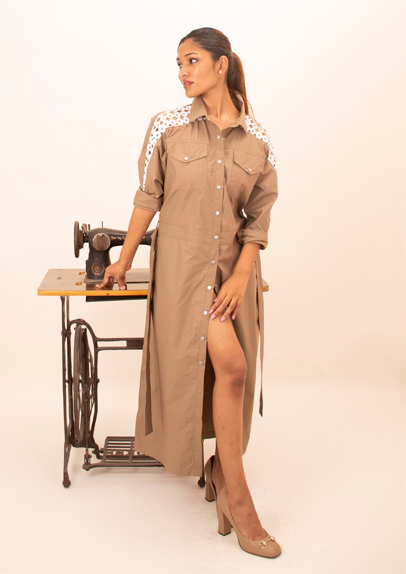 Brown Cotton Long Dress with Embroidery And Belt