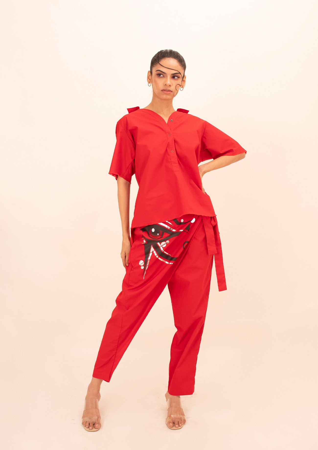 Red Cotton Co-ord Set with Print