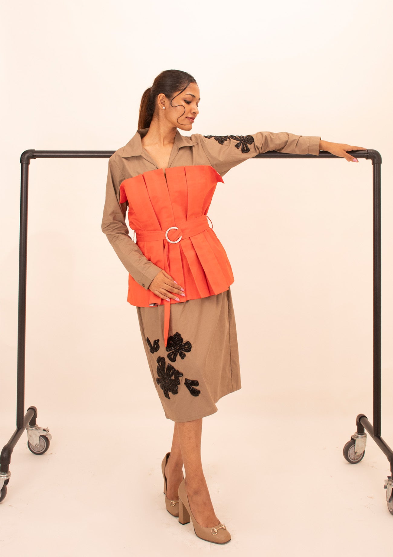 Brown and Orange Cotton Corset Dress with Embroidery