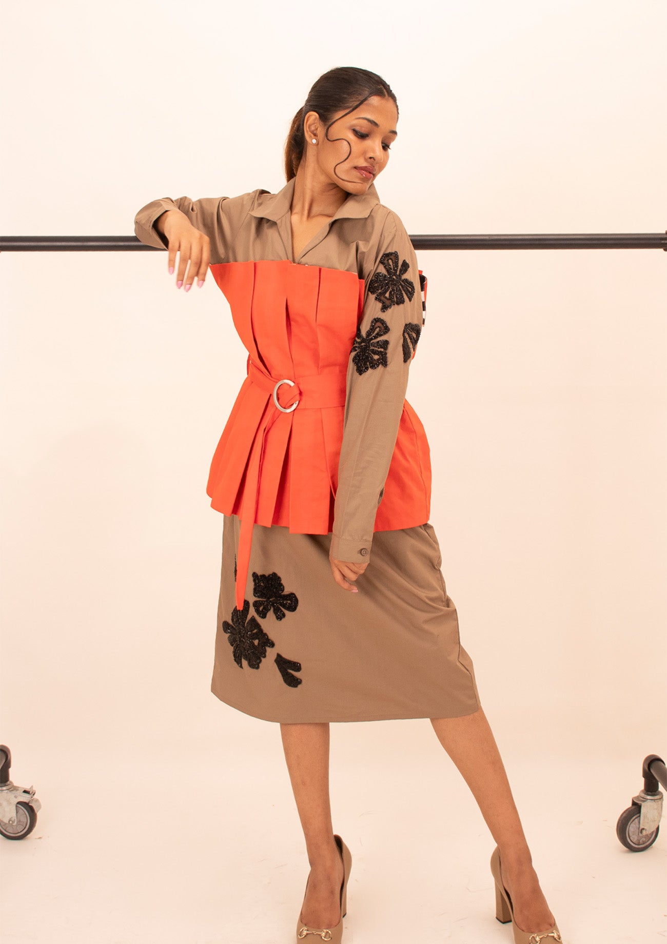 Brown and Orange Cotton Corset Dress with Embroidery