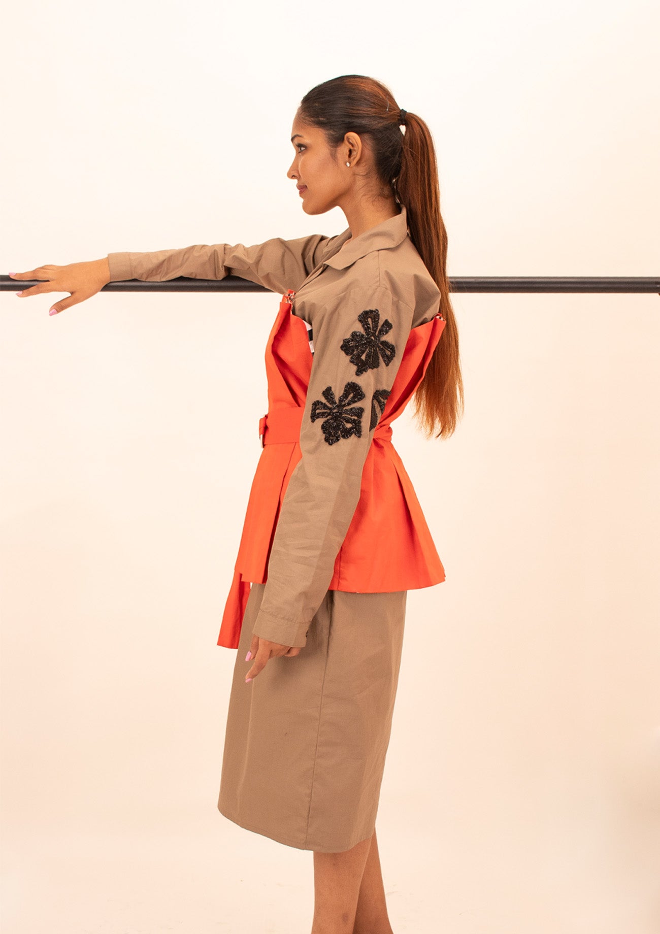 Brown and Orange Cotton Corset Dress with Embroidery