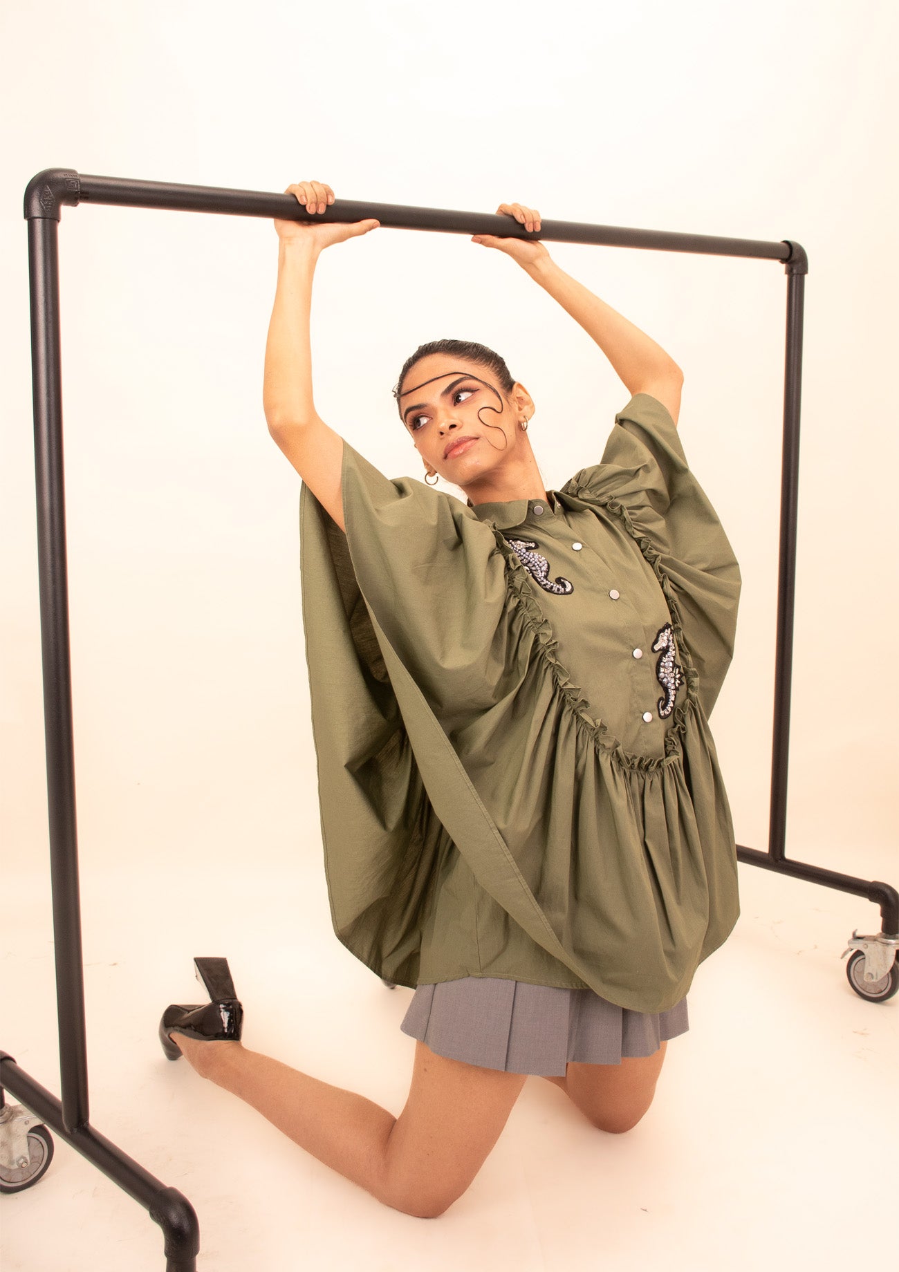Olive Cotton Ruffle Poncho Shirt with Embroidery