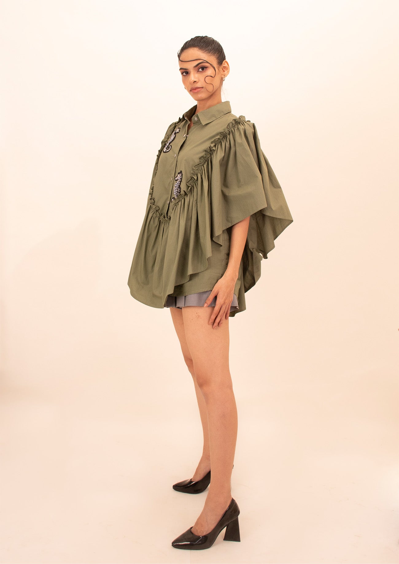 Olive Cotton Ruffle Poncho Shirt with Embroidery