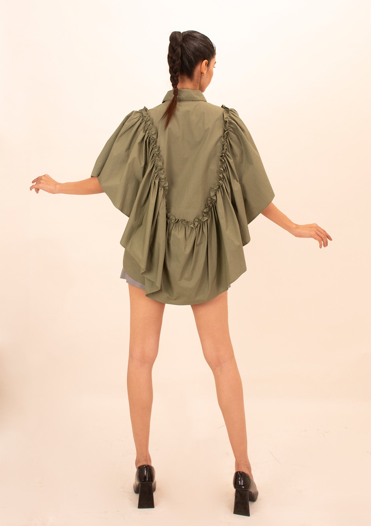 Olive Cotton Ruffle Poncho Shirt with Embroidery