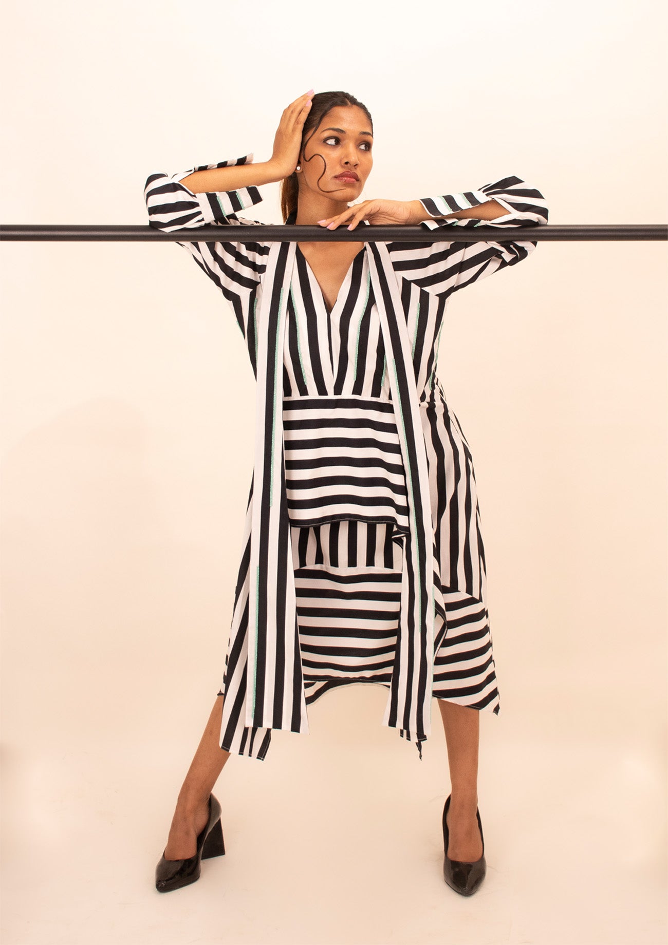 Black and White Stripe Asymmetric Dress With Attached Scarf and Beaded Highlights