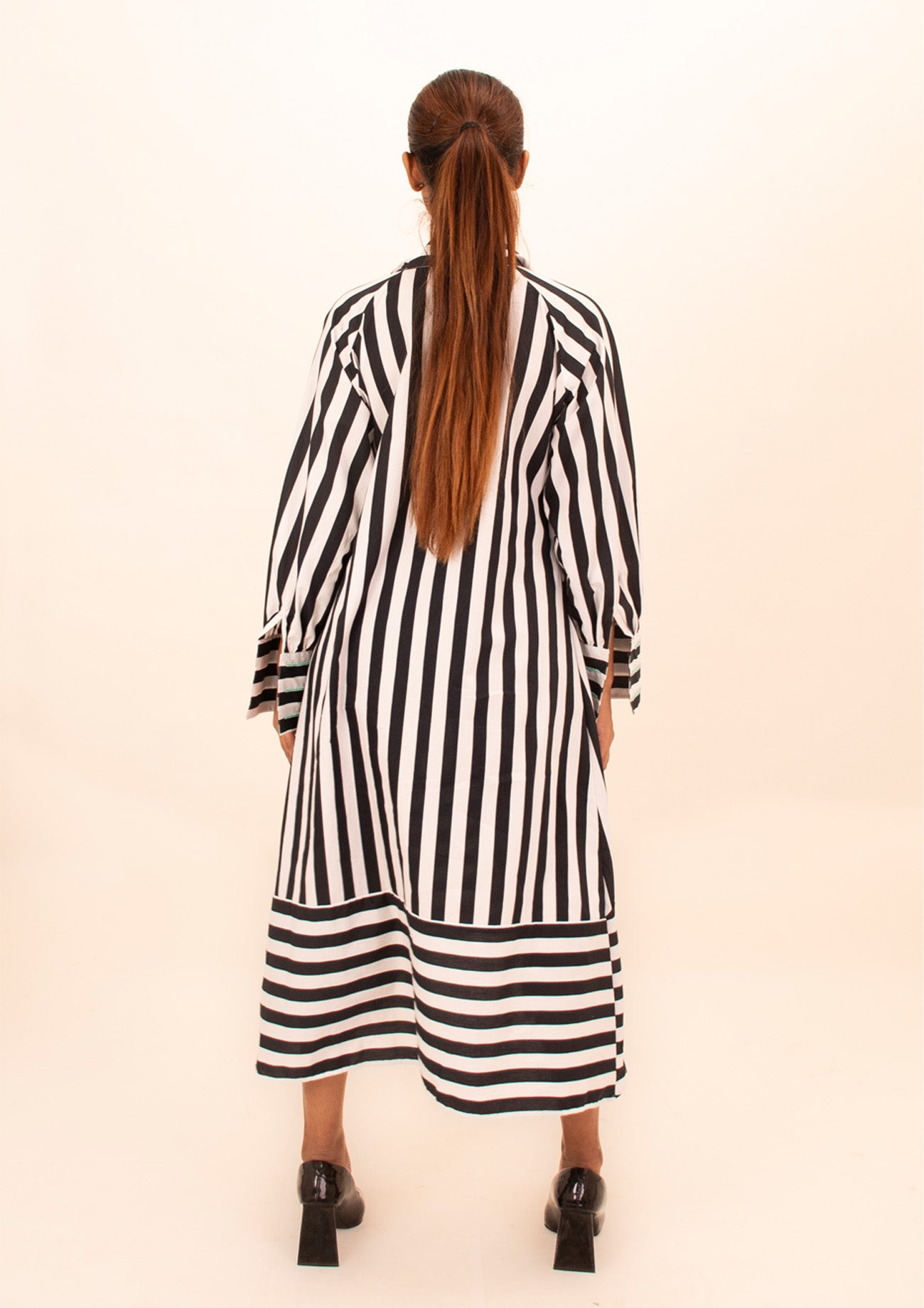 Black and White Stripe Asymmetric Dress With Attached Scarf and Beaded Highlights