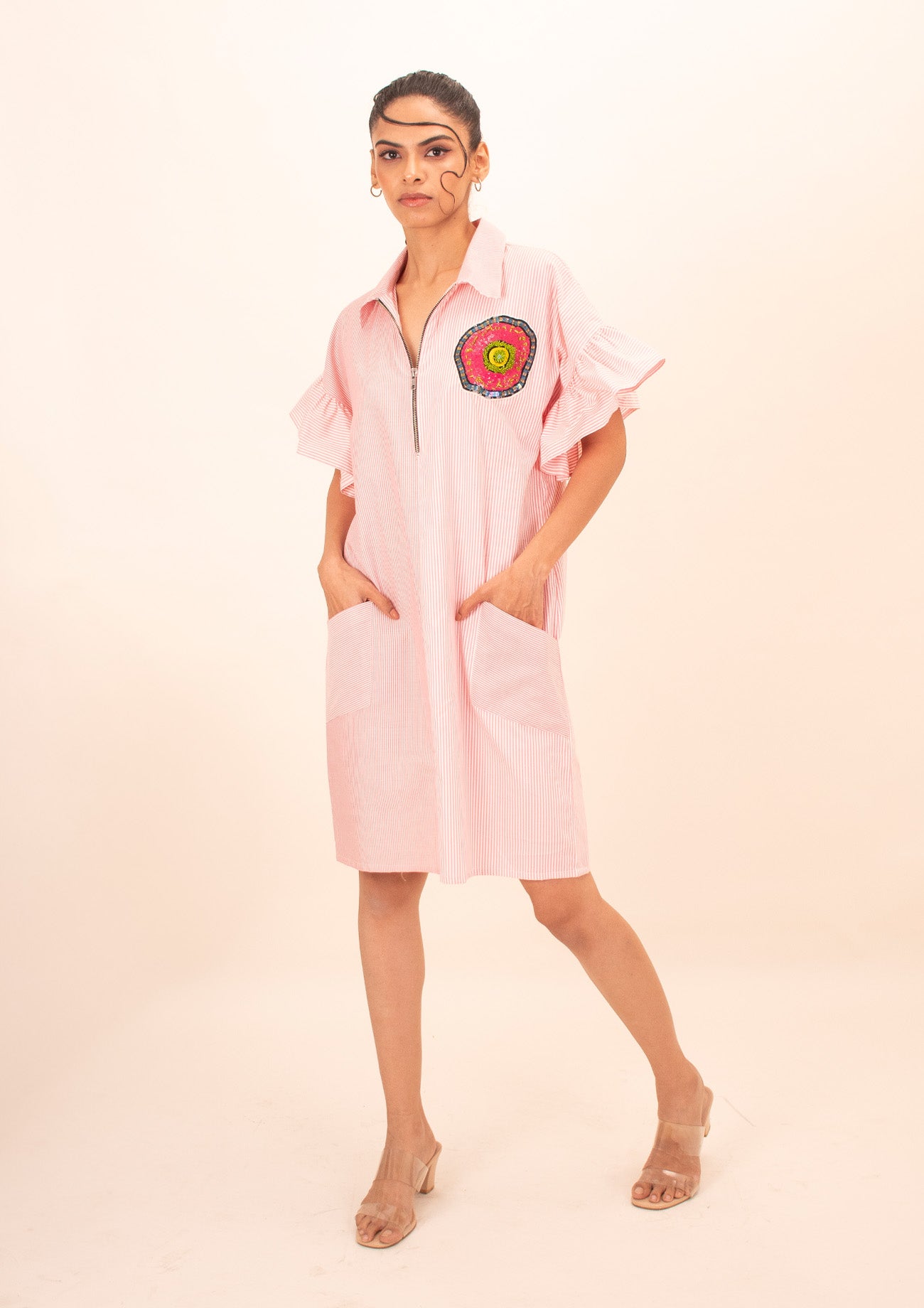 Pink Cotton Stripe Dress with Embroidery