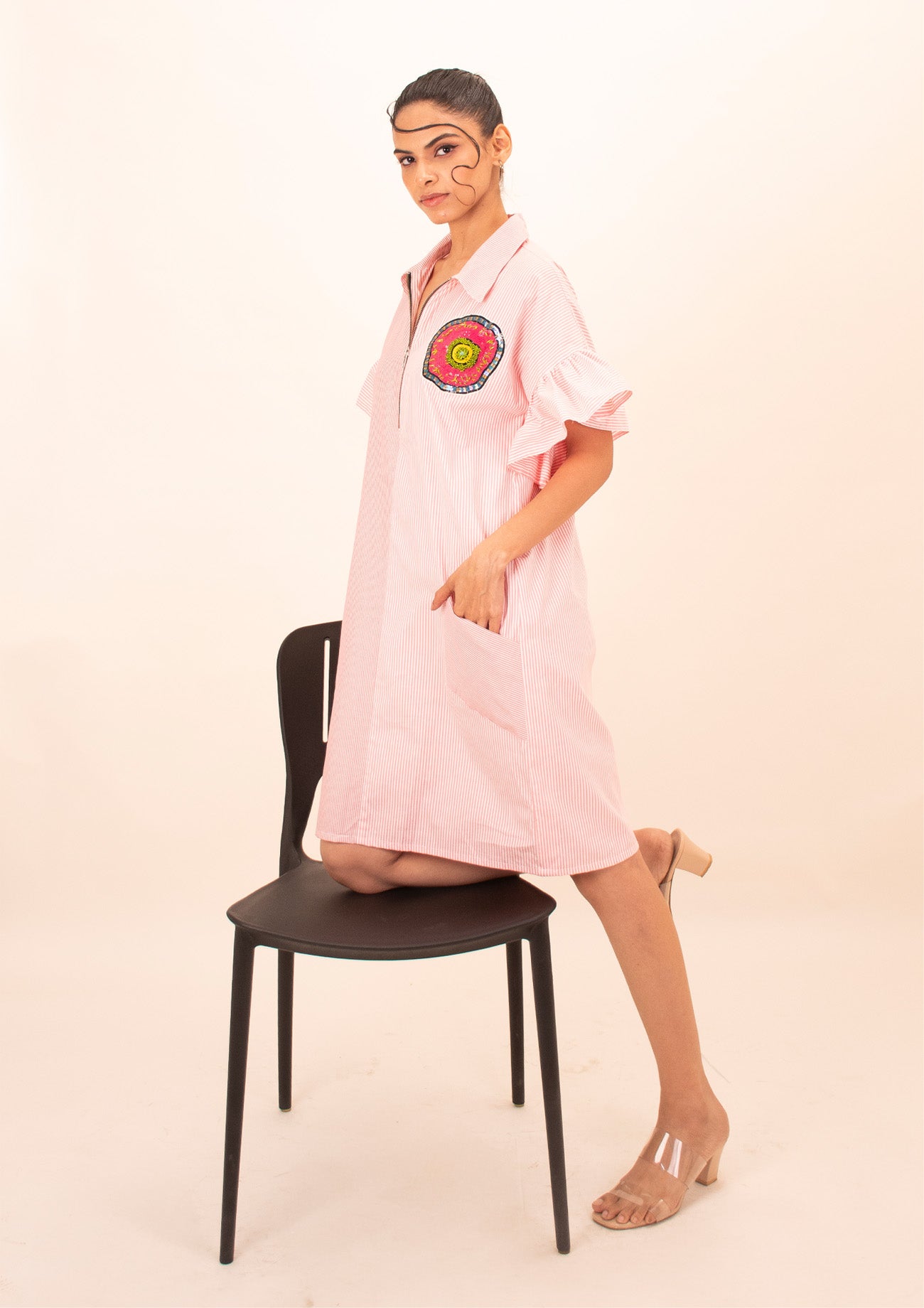 Pink Cotton Stripe Dress with Embroidery
