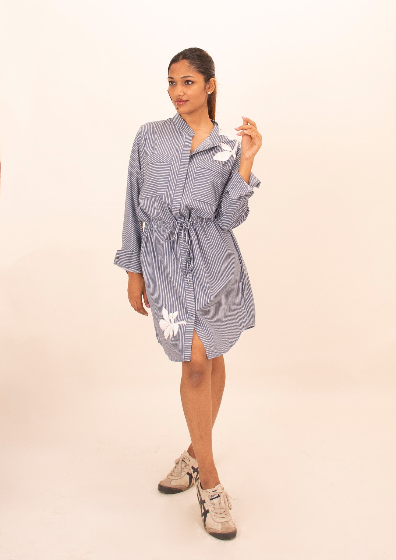 Blue and White Stripe Cotton Dress with Embroidery