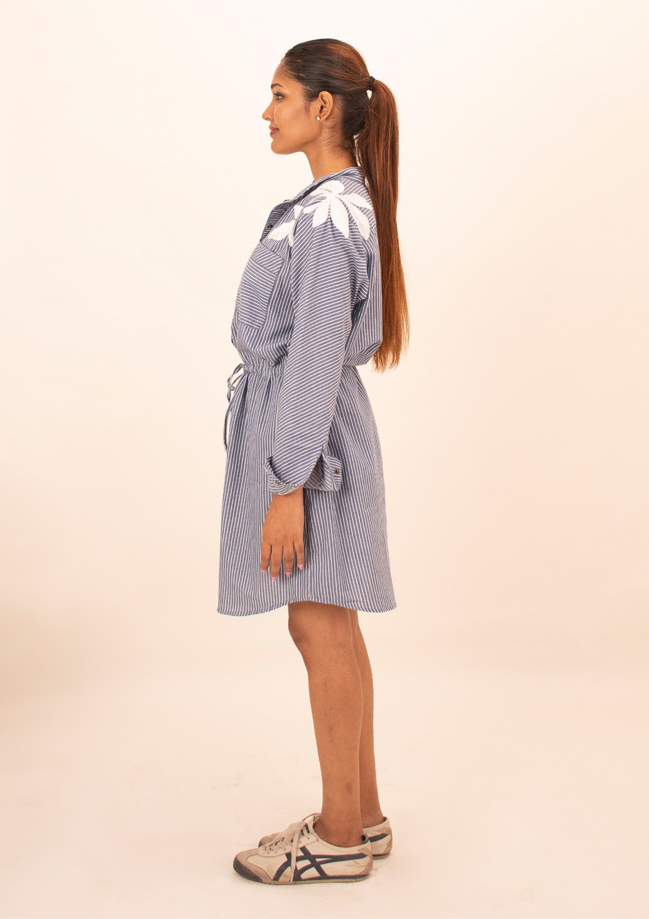 Blue and White Stripe Cotton Dress with Embroidery