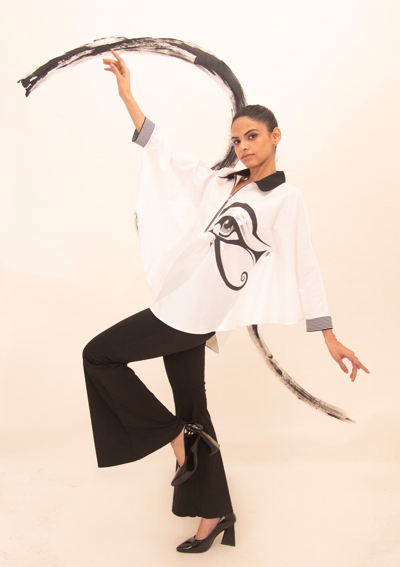 White Cotton Shirt Cape with Print