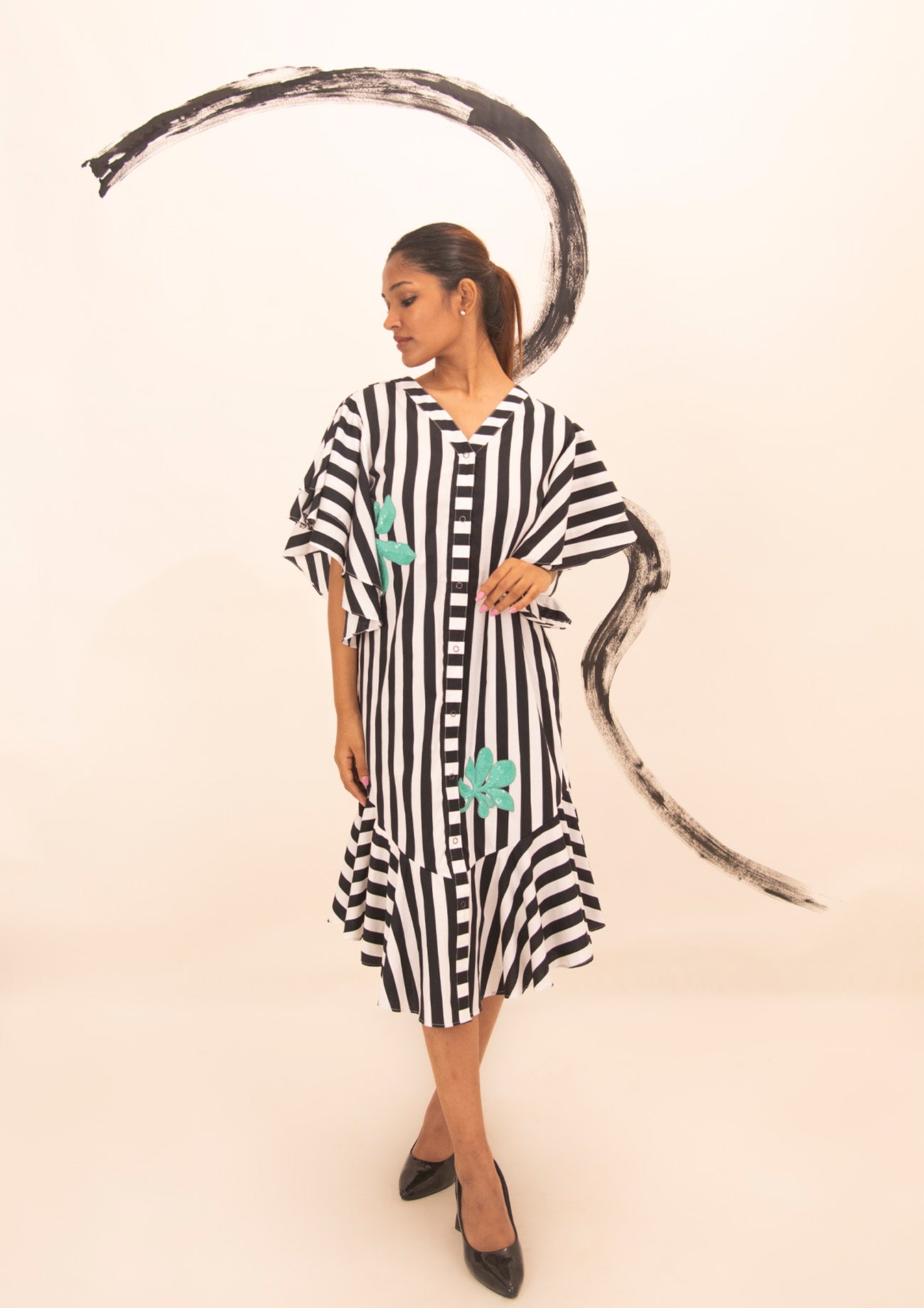 Black and White Stripes Cotton Dress with Embroidery