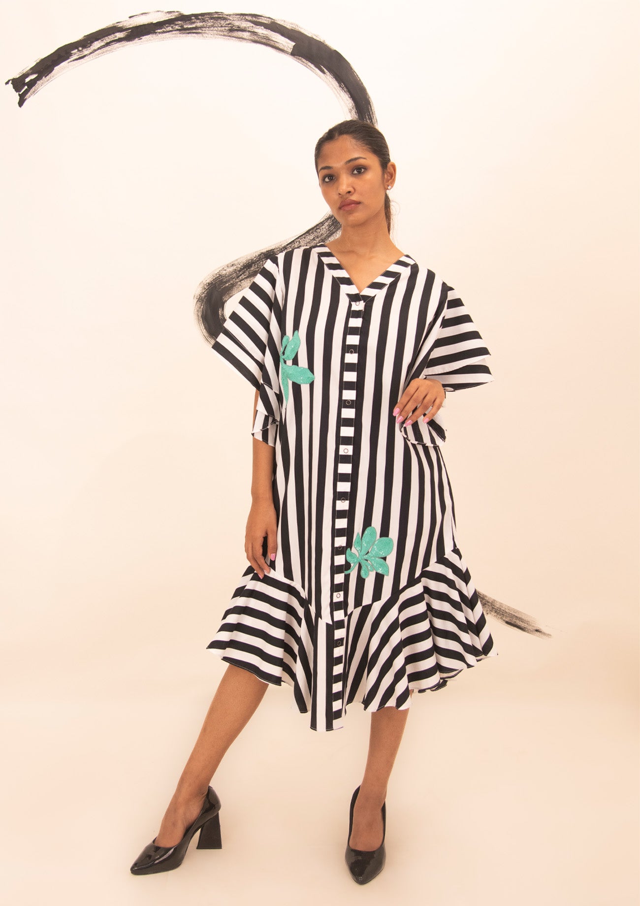 Black and White Stripes Cotton Dress with Embroidery
