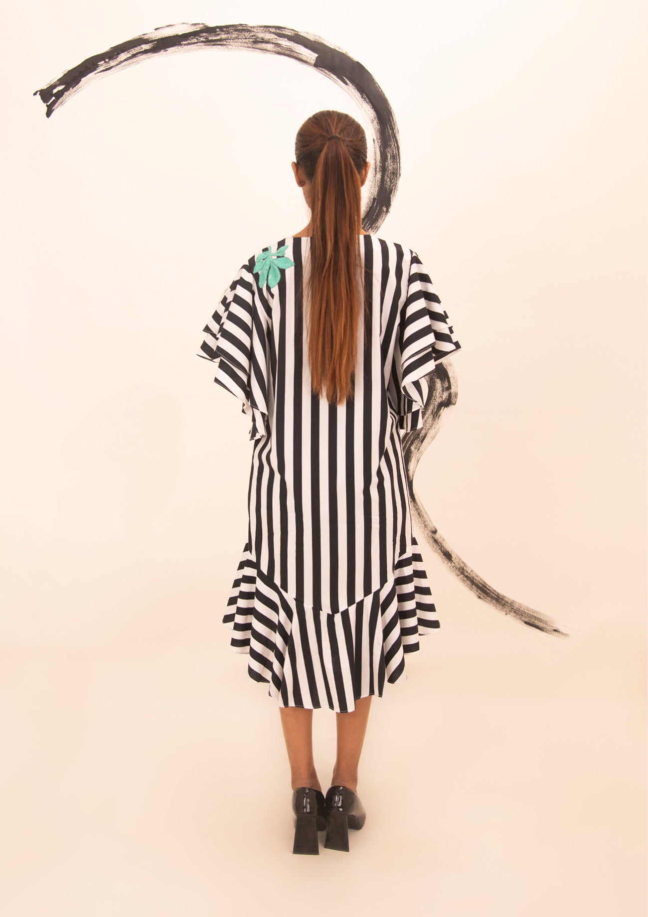 Black and White Stripes Cotton Dress with Embroidery