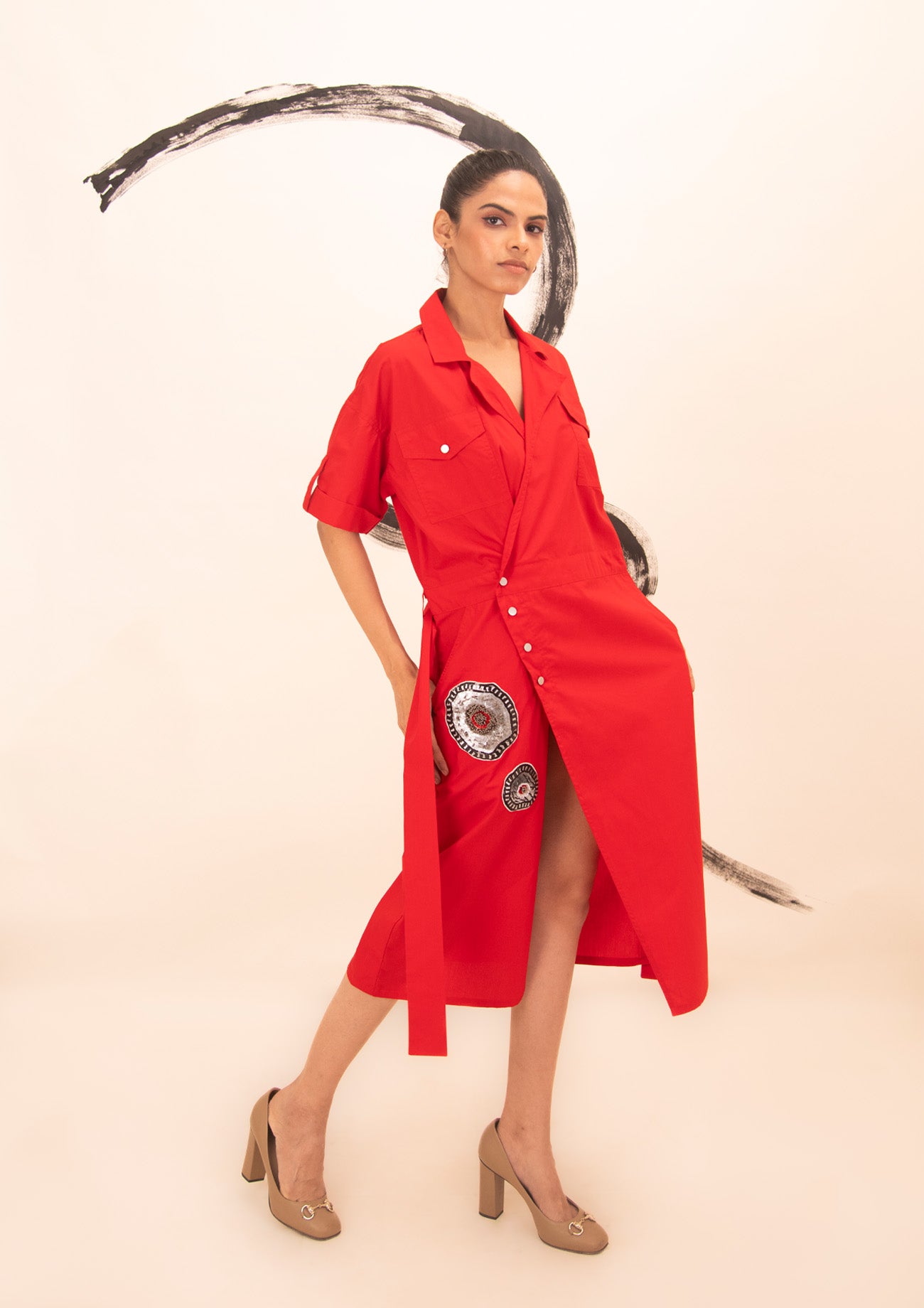 Red Cotton Long Dress with Embroidery