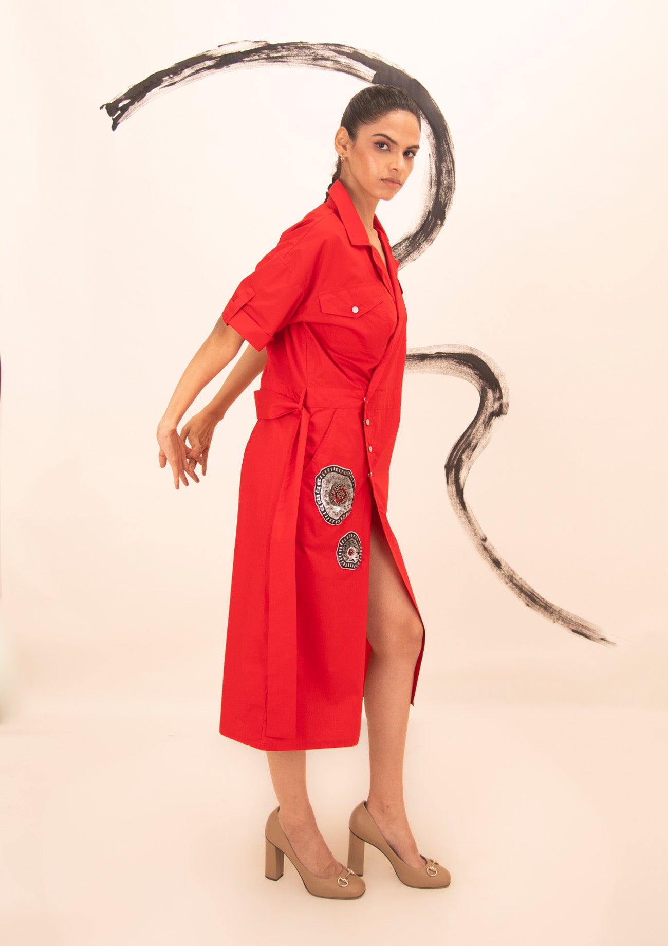 Red Cotton Long Dress with Embroidery