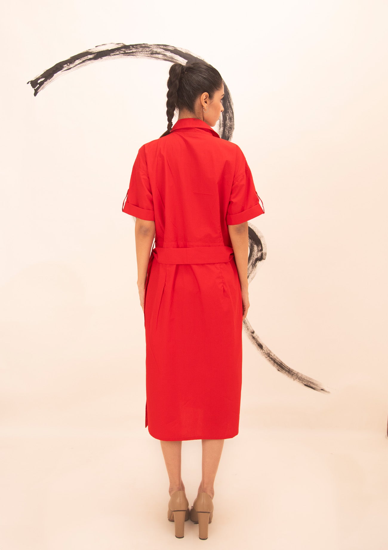 Red Cotton Long Dress with Embroidery