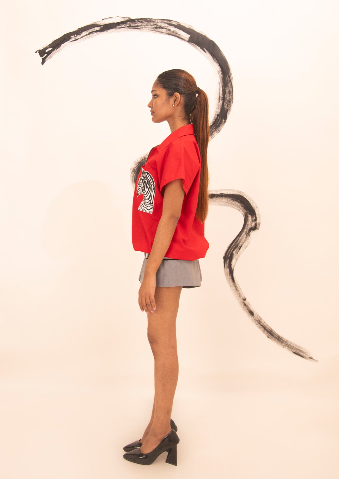 Red Cotton Bomber Shirt with Embroidery