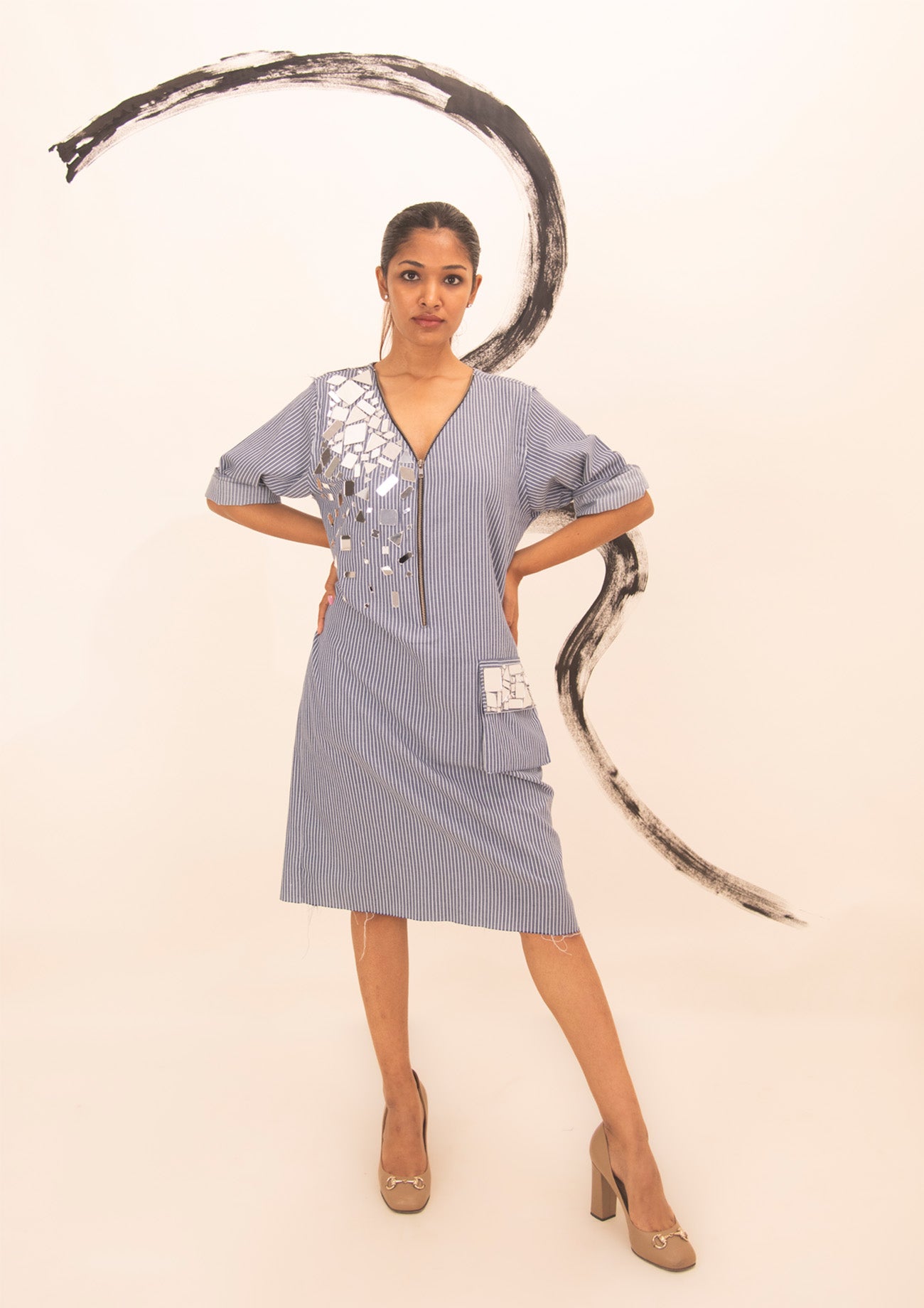 Blue and White Stripes Cotton Dress with Mirror Embroidery
