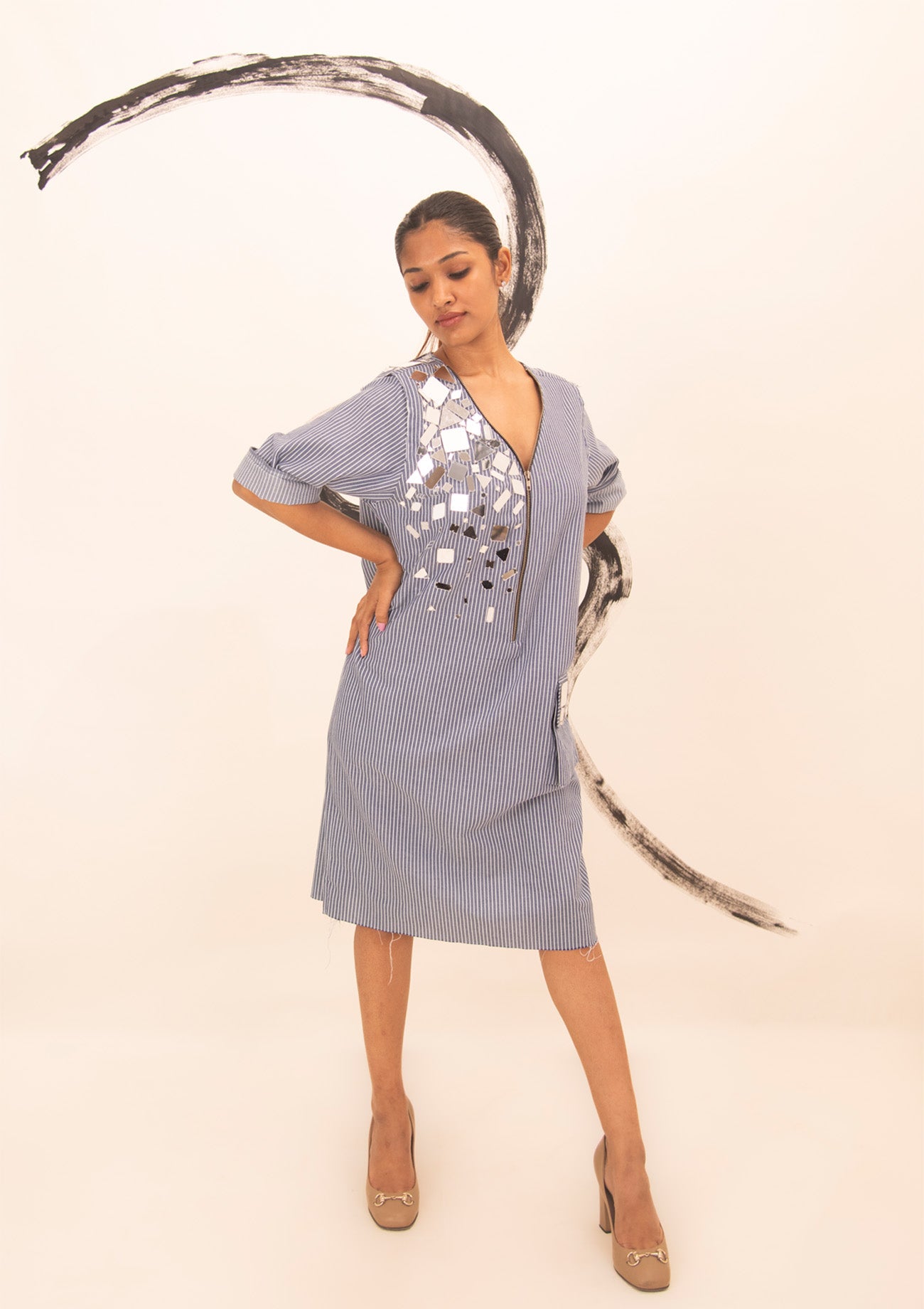 Blue and White Stripes Cotton Dress with Mirror Embroidery