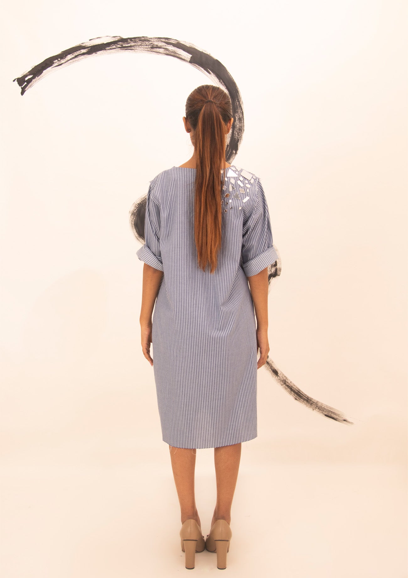 Blue and White Stripes Cotton Dress with Mirror Embroidery