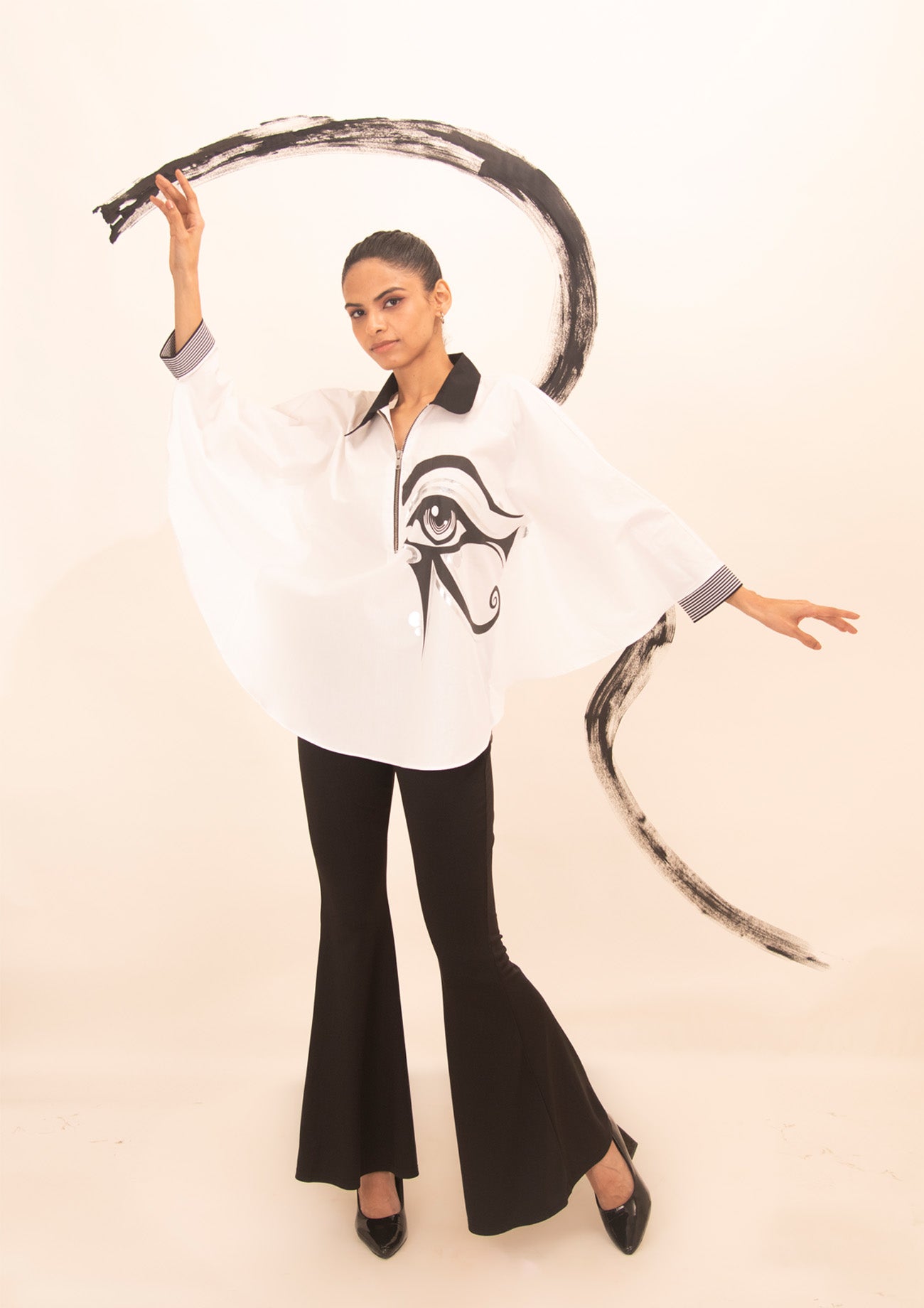 White Cotton Shirt Cape with Print