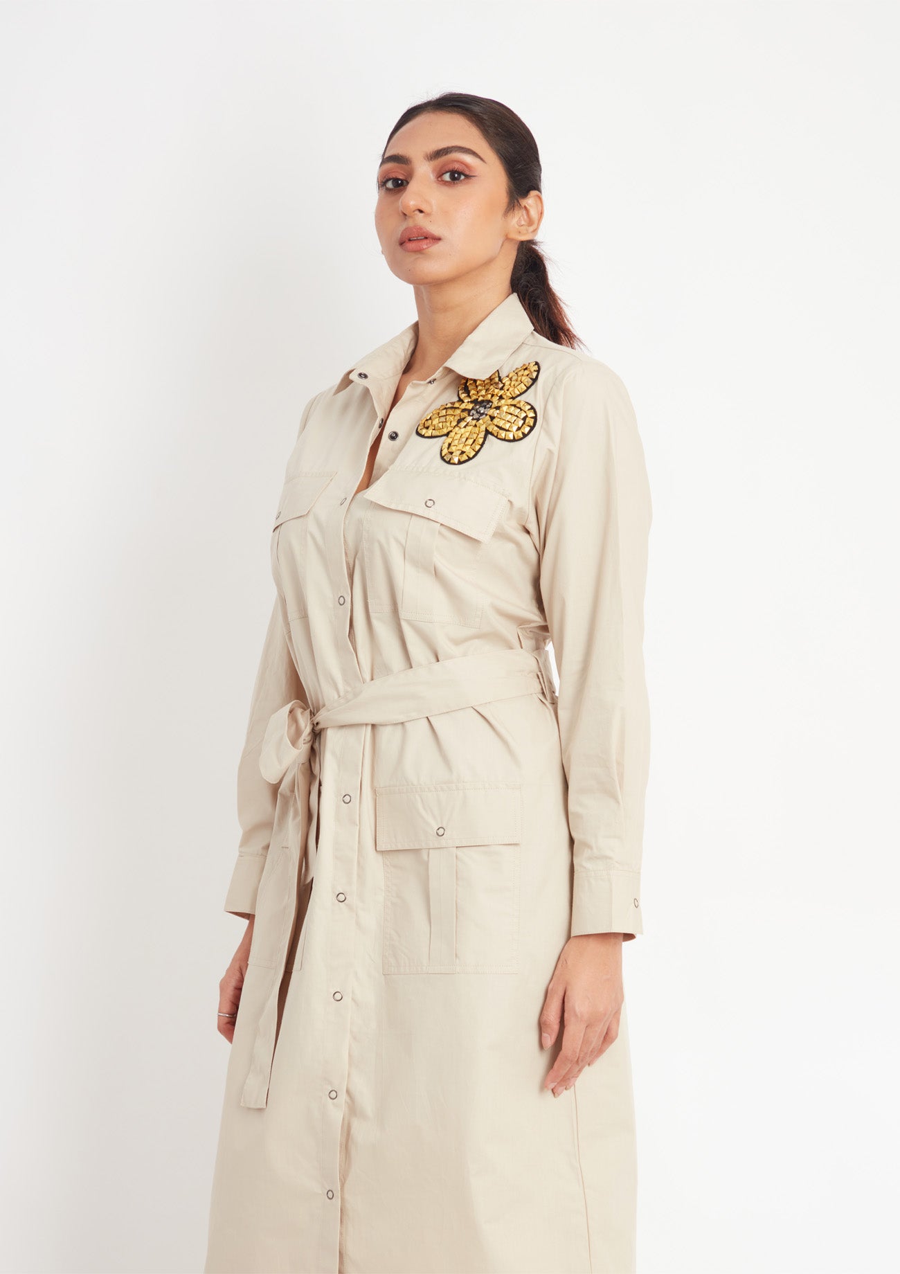 Beige One Piece Cotton Dress with Embroidery and Belt
