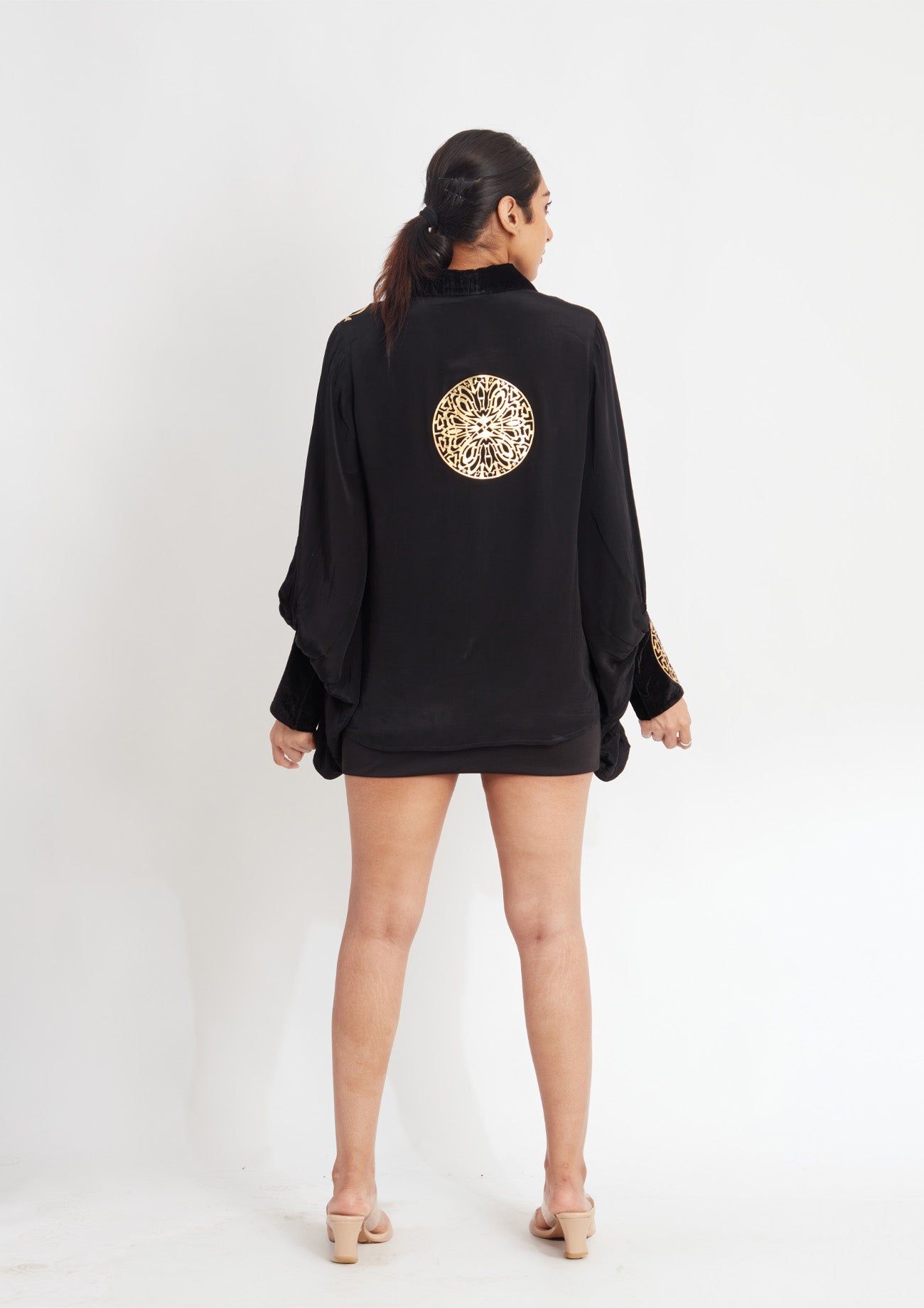 Black Crepe Shirt with Drop Balloon Sleeves and Exclusive Golden Applique